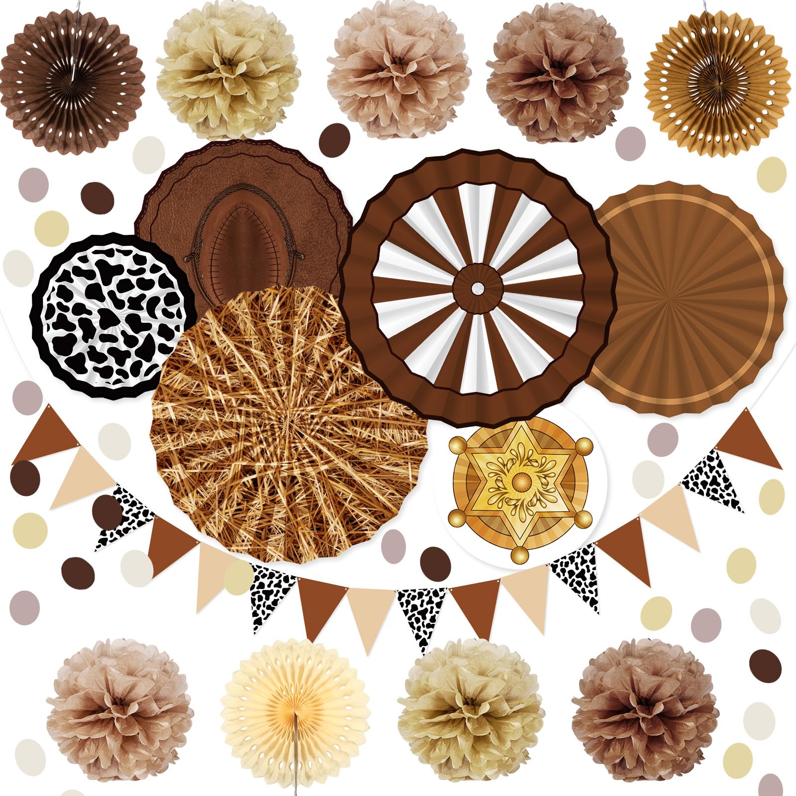 Fullhawl 23 Pcs Western Cowboy Party Decorations Western Party Hanging Paper Fan Pennant Banner Paper Pom Poms West Themed Hanging Decoration for Country Farm Cowboy Theme Wild West Supplies