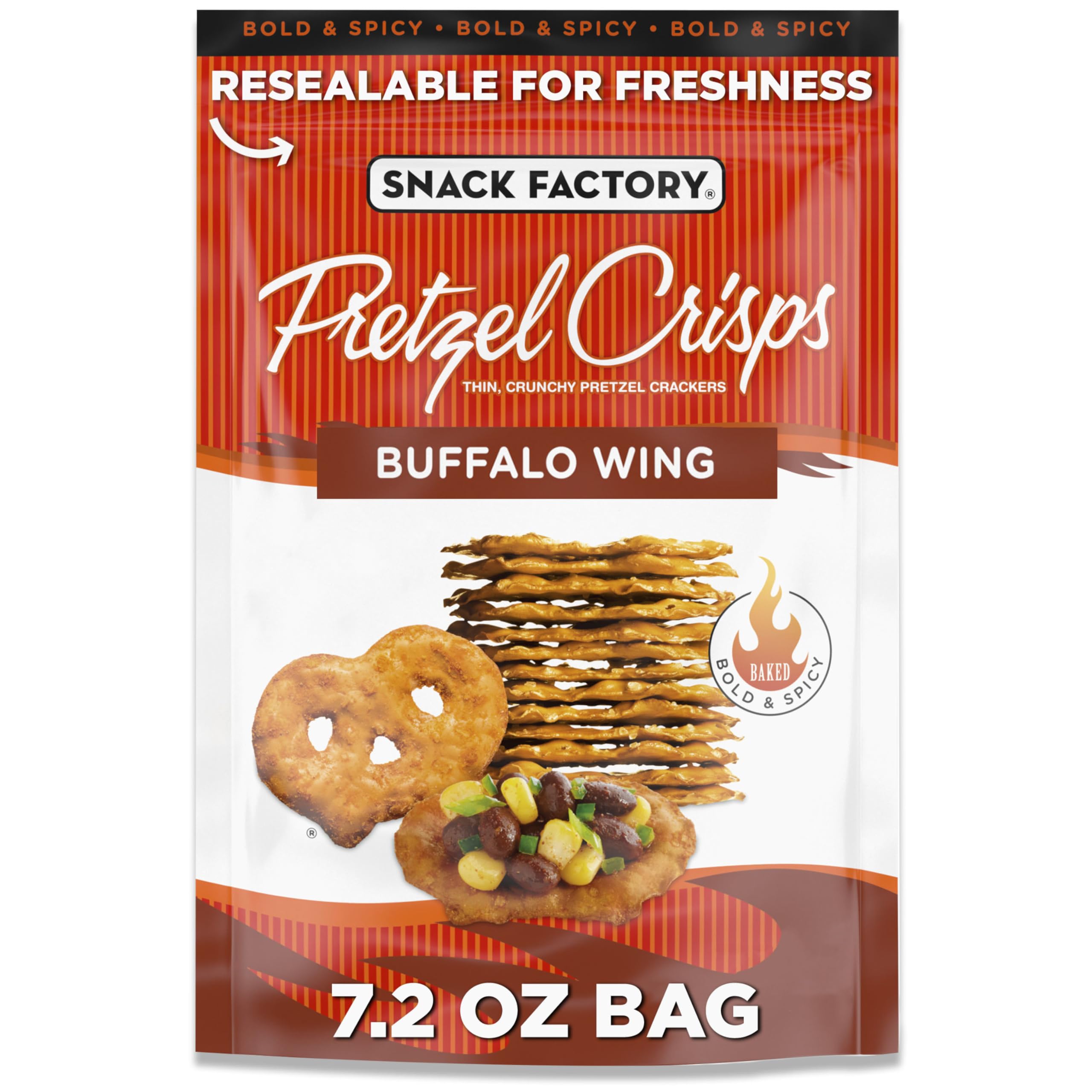 Snack Factory Buffalo Wing Pretzel Crisps, Non-GMO, 7.2 OZ Resealable Bag