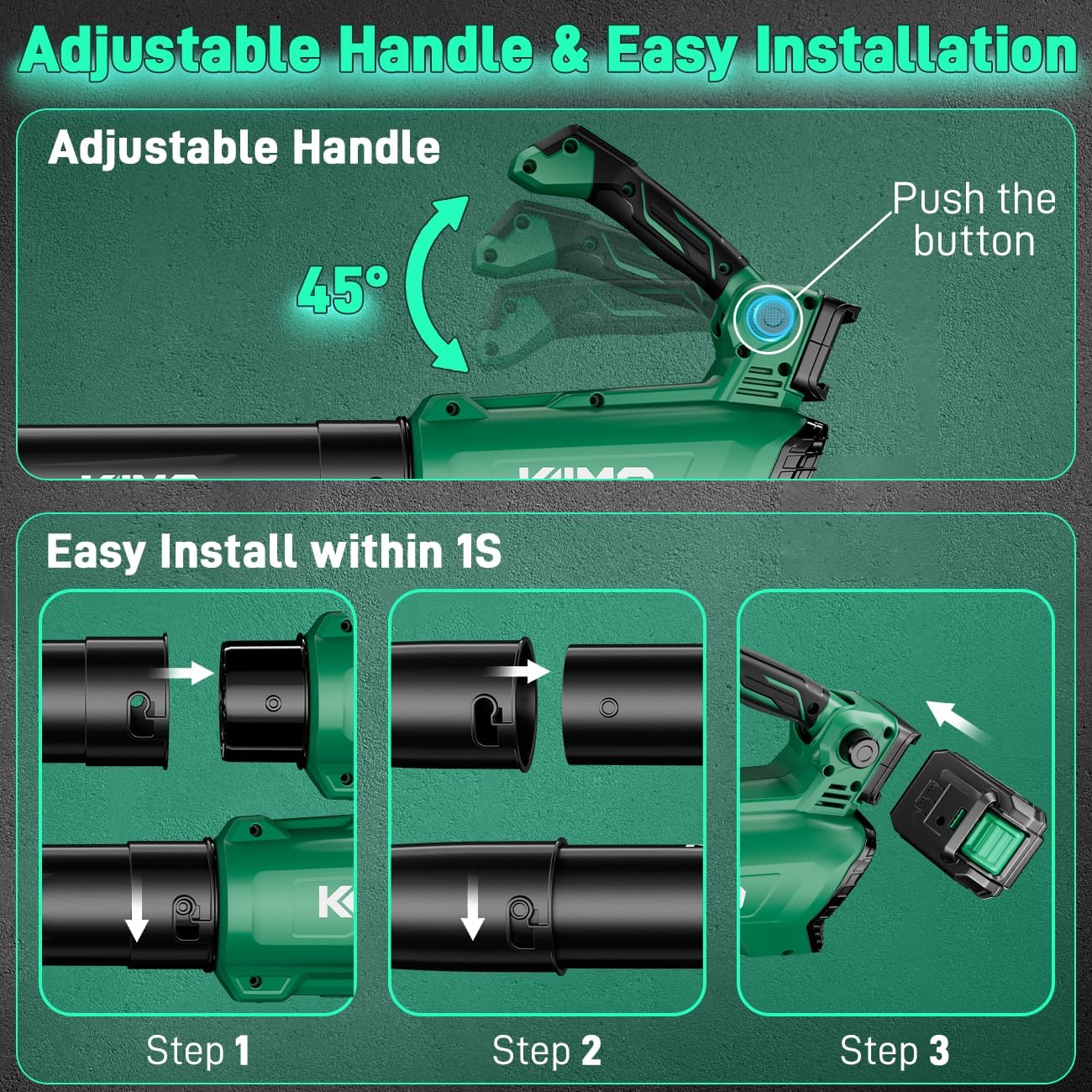 KIMO Leaf Blower Cordless with Battery and Charger, 800CFM/300MPH, Precision Adjustment Handle, 3Speeds w/ Visual Panel, Lightweight, 2 Extended Tube, 2* 2.0 Battery Powered Leaf Blowers for Lawn Care - Image 4