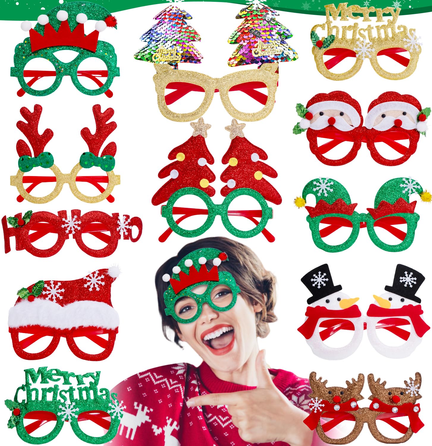 Haolongfa Christmas Glasses, 12 Pcs Chrsitmas Party Glasses, Christmas Glitter Party Eyeglasses Frames, Funny Costume Eyeglasses for Christmas Photo Booth Props, Christmas Party Decor Holiday Favors