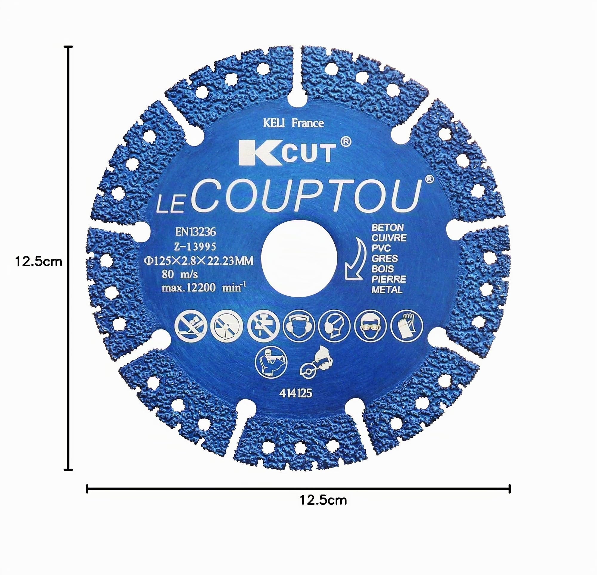 KELI FRANCE - K•CUT - Disque Diamant à tronçonner LE COUPTOU, utilisation universelle (béton, cuivre, briques, fer, pierres, tuiles, parpaing, bois,PVC), EN13236 (125mm)