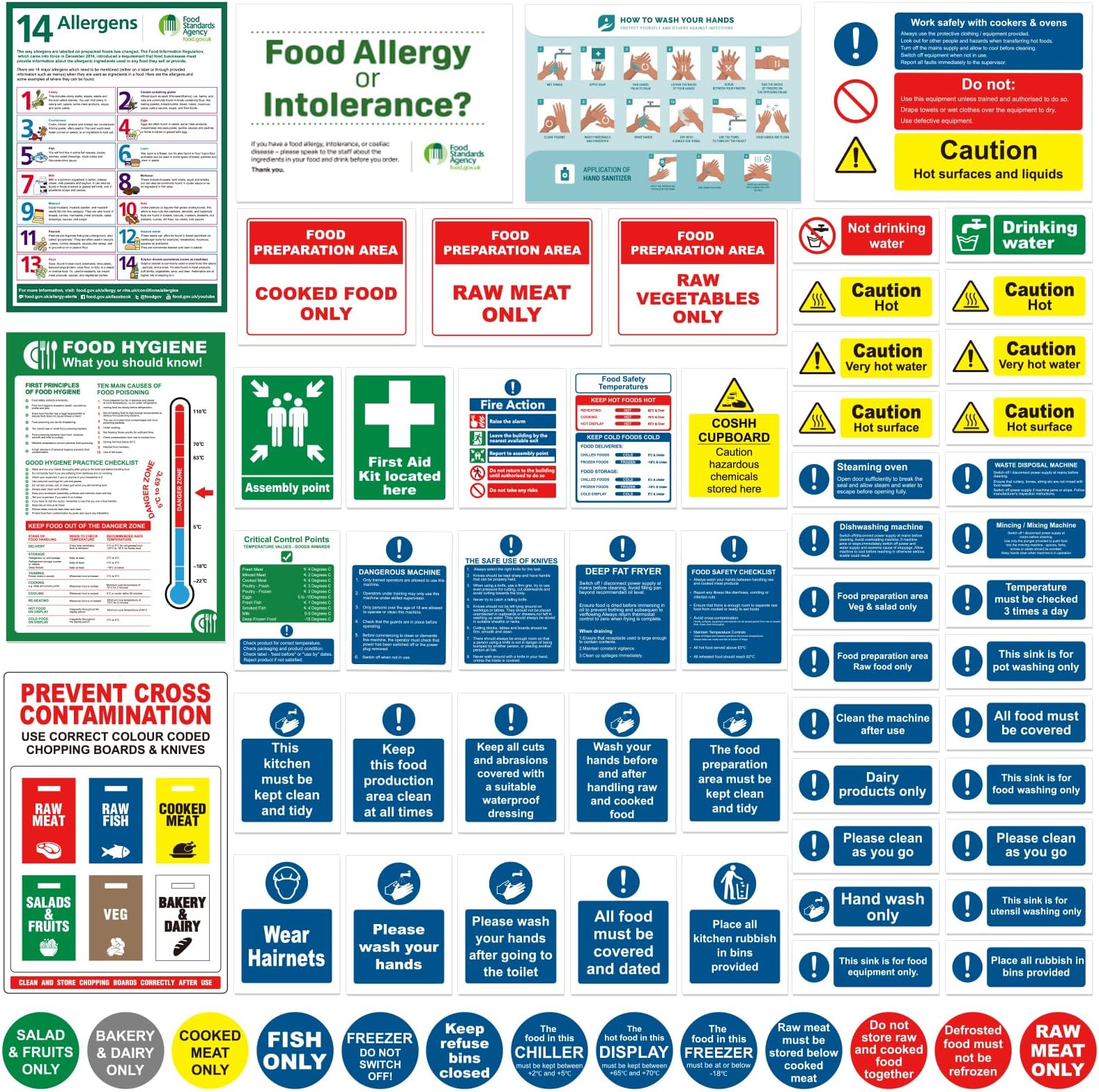Complete Kitchen Safety Signs Set - 68 Pcs - Matte Self-Adhesive Vinyl Sticker, Waterproof and Oil-Proof - food hygiene stickers, Ensure Safety and Compliance in Commercial Kitchens