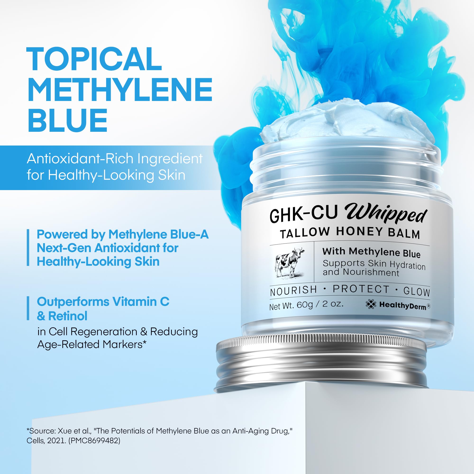 HealthyDerm Copper Peptides GHK-Cu Beef Tallow for Skin: Blue Balm with Methylene Blue, Manuka Honey & Vitamin E – Natural Face and Body Moisturizer for Mature, Dry & Sensitive Skin –