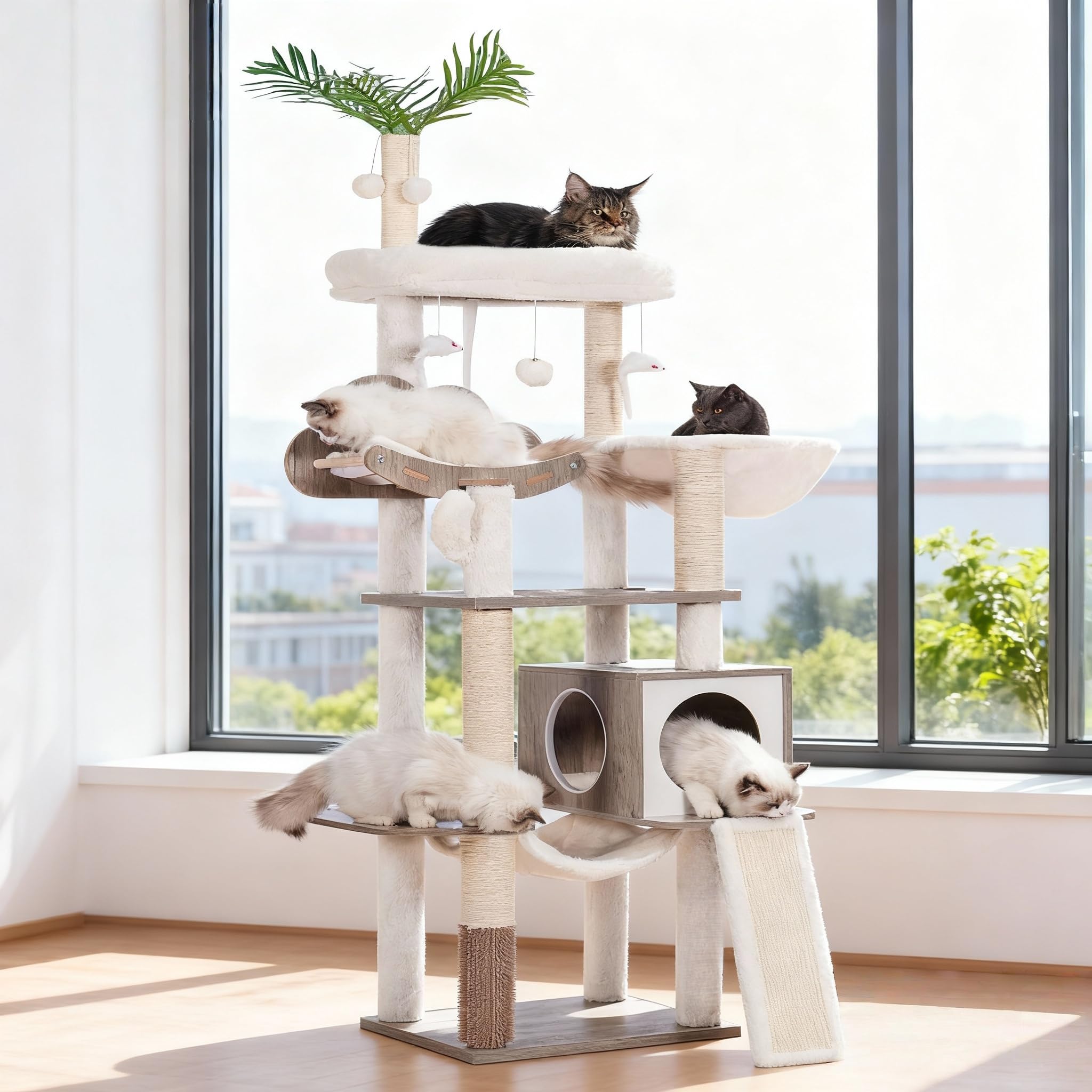 Heybly Holz Kratzbaum, für Indoor-Katzen, Katze Condo für große Katzen mit Selbst Groomer, Moderne Katze Kratzturm mit Korb, Hängematte, baumelnden Ball und Blätter