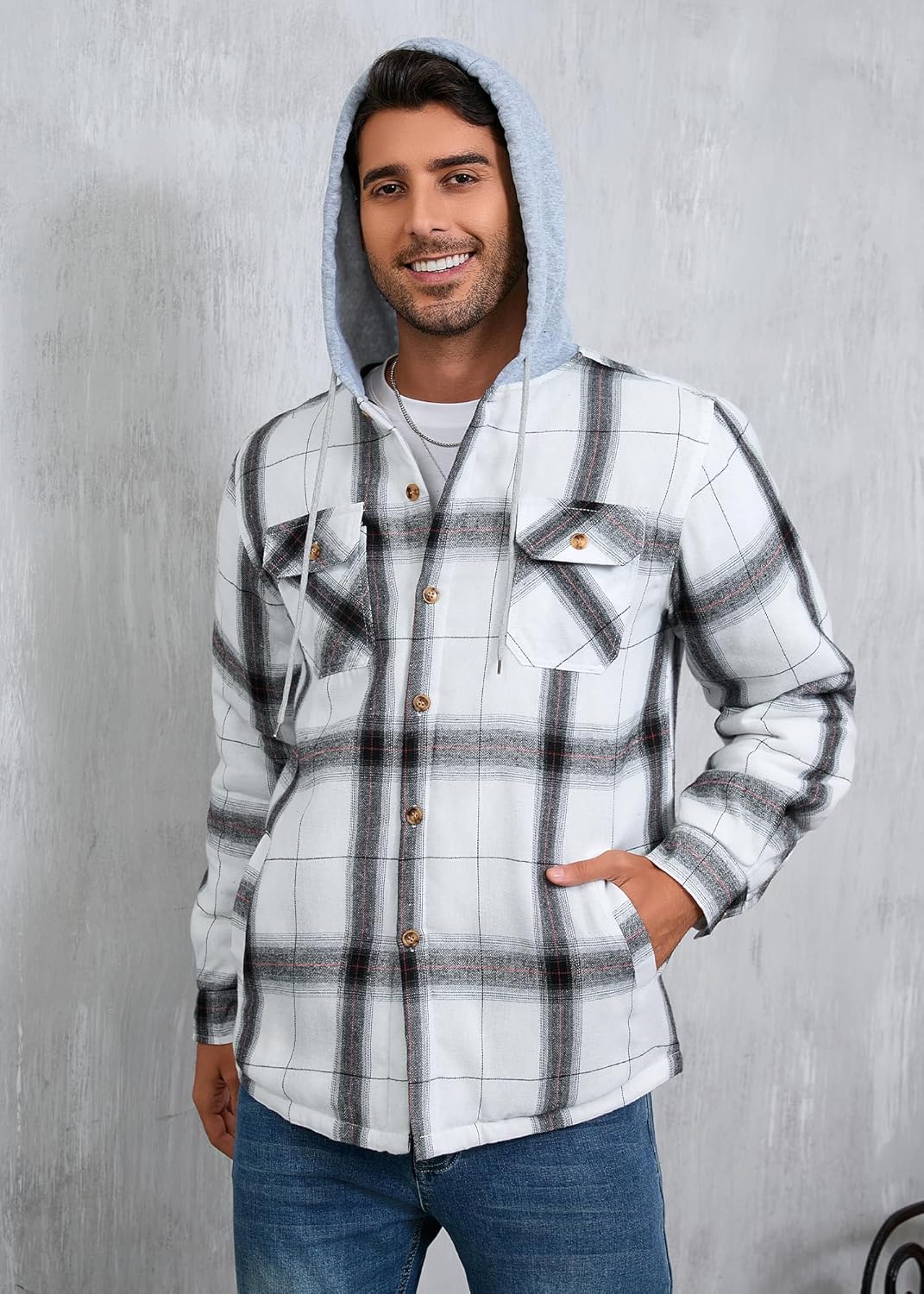 Men's Quilted Lined Flannel Shirt Jacket Button Down Flannel with Hood Lightweight Quilted Jackets for Men - Image 3