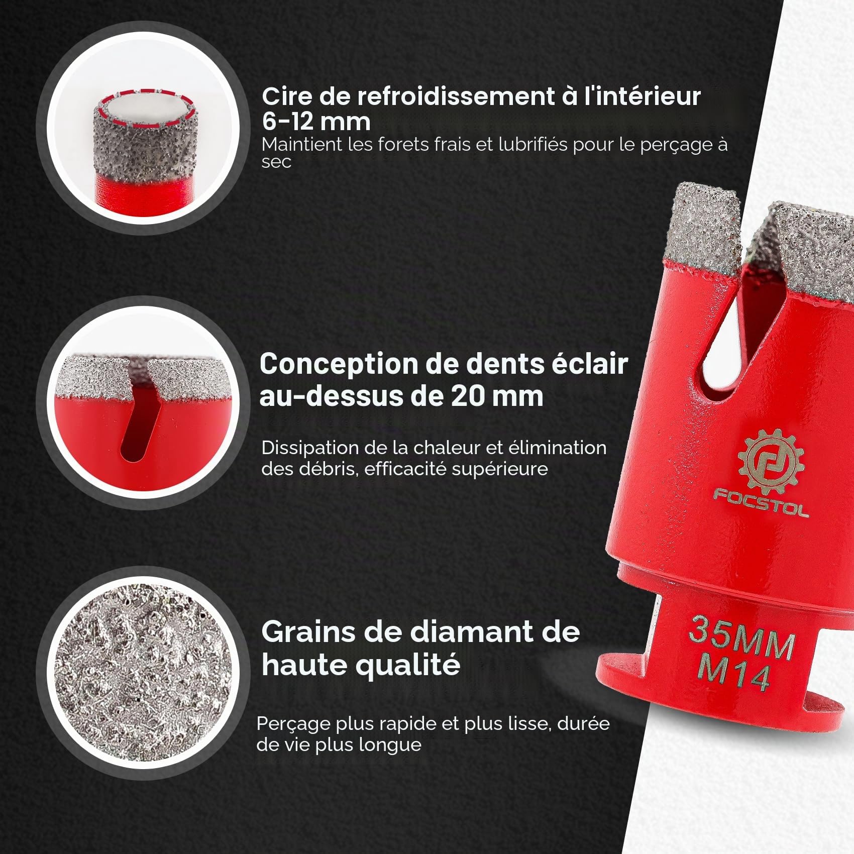 Foret Diamant Kit Trepan Carrelage - FOCSTOL Scie Cloche Carrelage Kit pour Porcelaine Marbre Granit 4 pièces (20/35/50/68mm)
