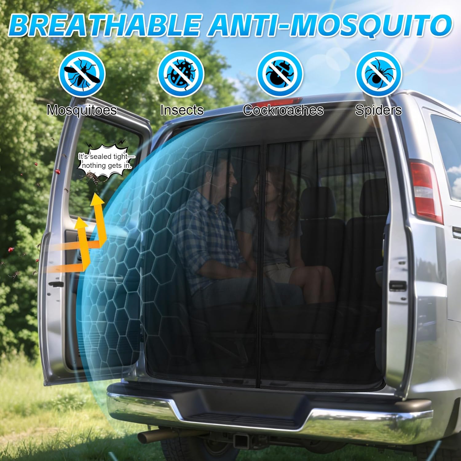 Magnetic Van Screen for Chevrolet Express/GMC Savana 1996-2025 - Mosquito Net with Zipper for Back Door - 59" H x 63" W