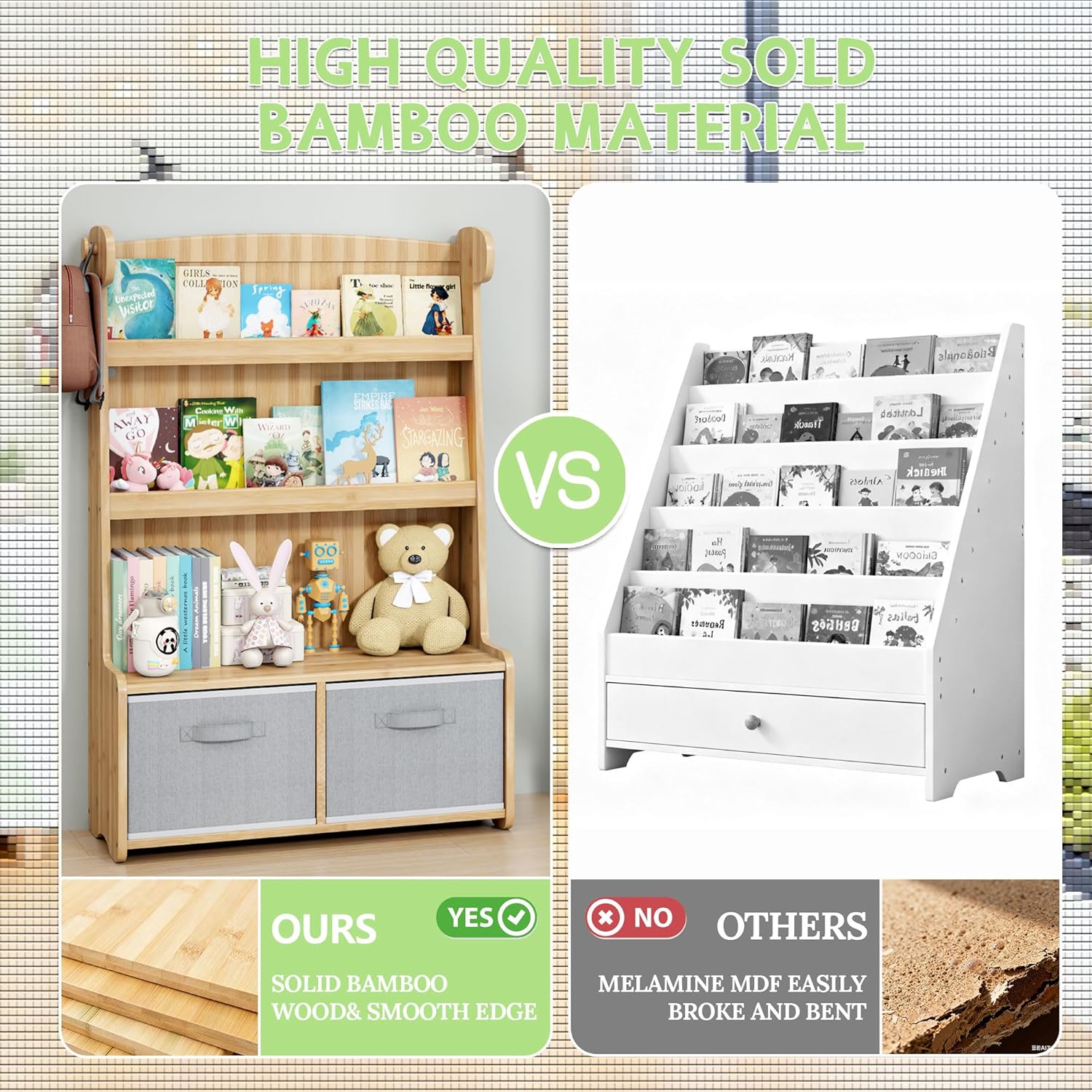 Kids Bookshelf and Toy Storage Organizer, 3 Tier Bamboo Todders Book Shelf Large Book Rack for Child Room Playroom Nursery for Kids, Children, Toddlers (Nature) - Image 6