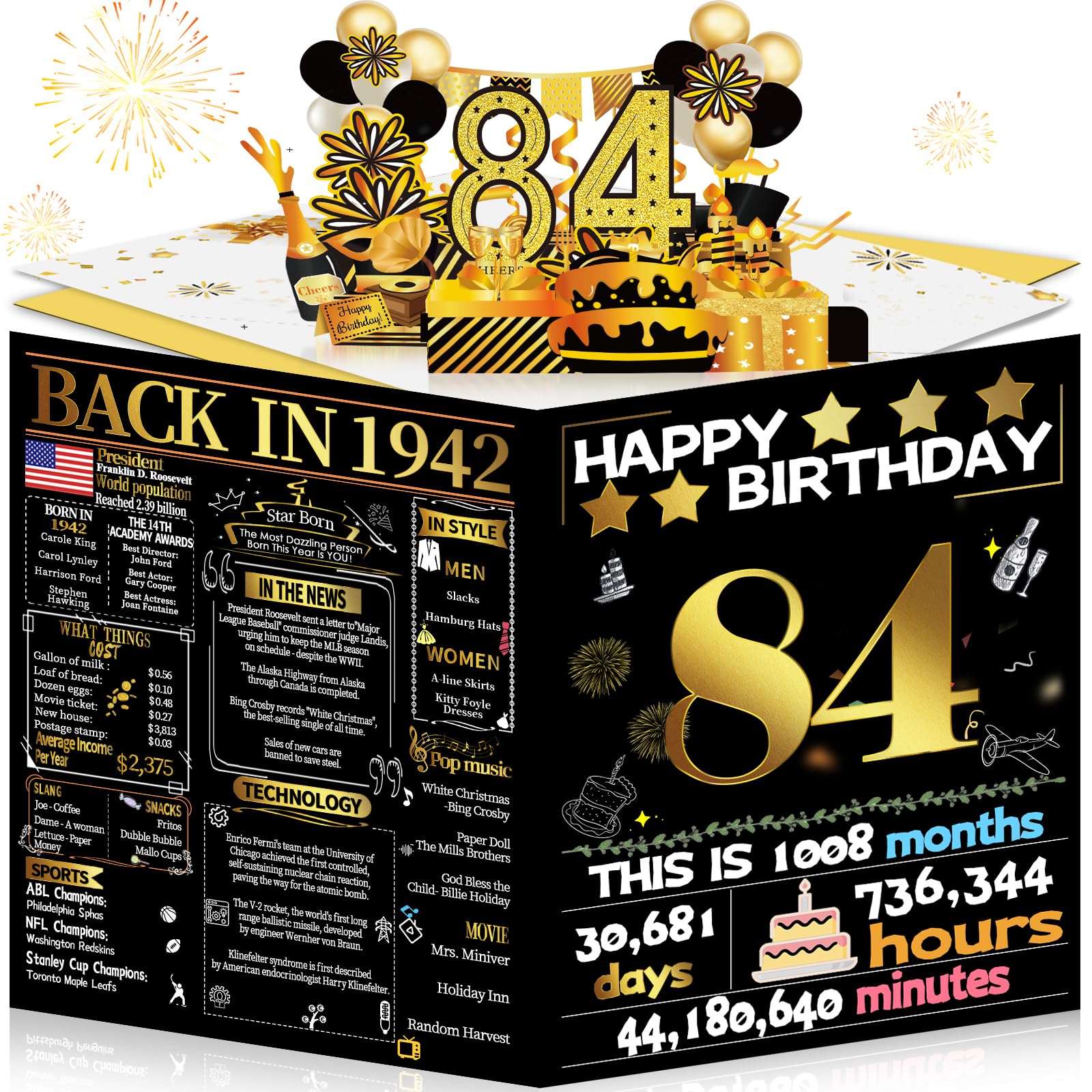 Joycard 84th Birthday Card for Women Men, 3D Pop Up Happy Birthday Gift for Grandpa Grandma, Funny 84 Year Old Birthday Decorations for Mother Dad, Back in 1942 Laser Gold Retro Theme