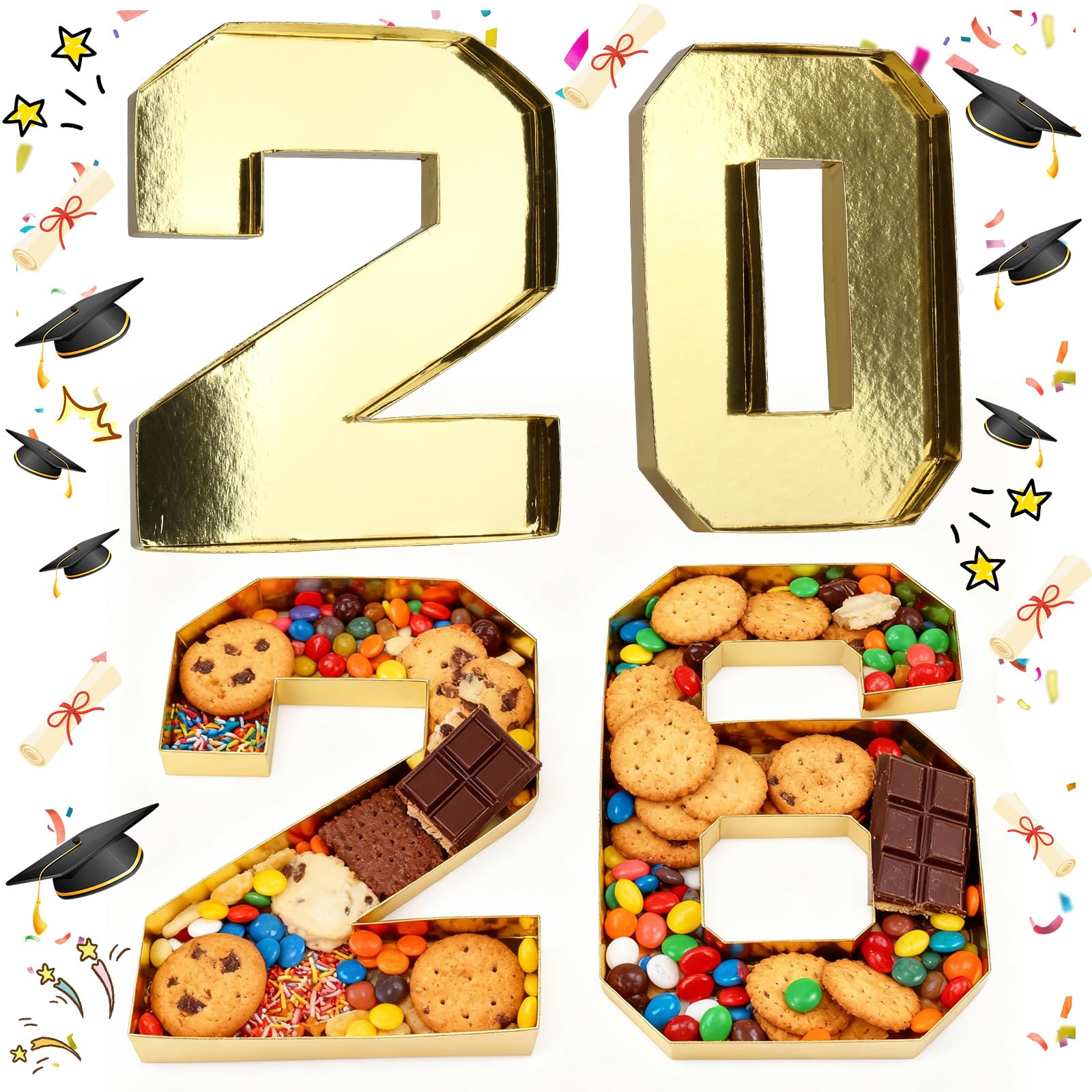 Photo 1 of 2026 Fillable Cardboard Number Tray, 10.1" Gold Graduation Decorations Charcuterie Box Set of 4 - Reusable & Greaseproof Snack Serving Trays for Class of 2026 Celebration, Grad Open House, Anniversary