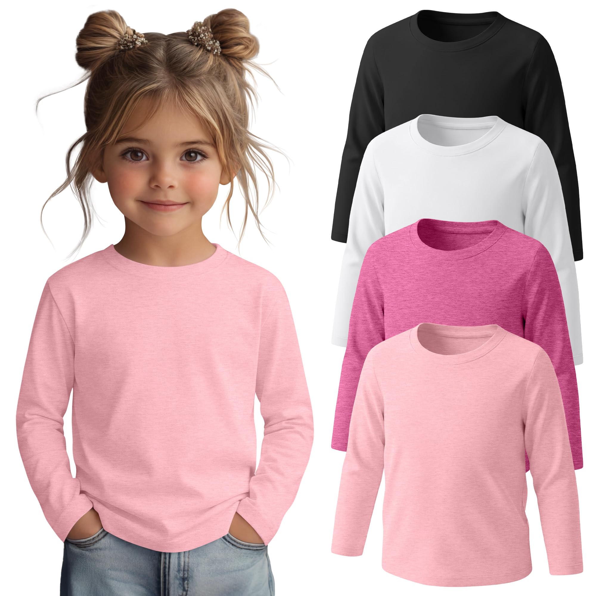 JoyMotion 4 Pack Toddler Girls Long Sleeve Shirts Tops 18M-5T | Basic Crewneck Tees, Cute Preschool Outfit, Soft Daily Wear, Casual Layering Clothes, Fall Base Layer, Winter Undershirt