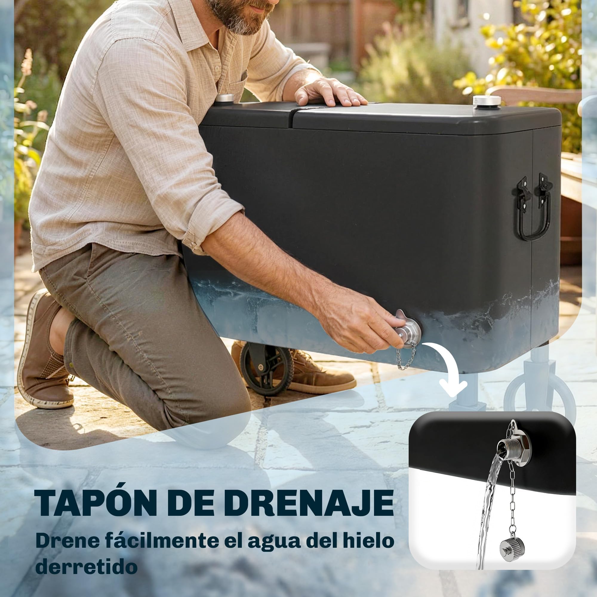 Outsunny Carrito Nevera de 56L con Ruedas, Carro de Bebidas con Mango Ajustable, Abrebotellas, Recogetapas, Drenaje y Asa, Mesa Nevera Jardín Exterior para Patio, Fiesta, BBQ, 75x35x120 cm, Negro