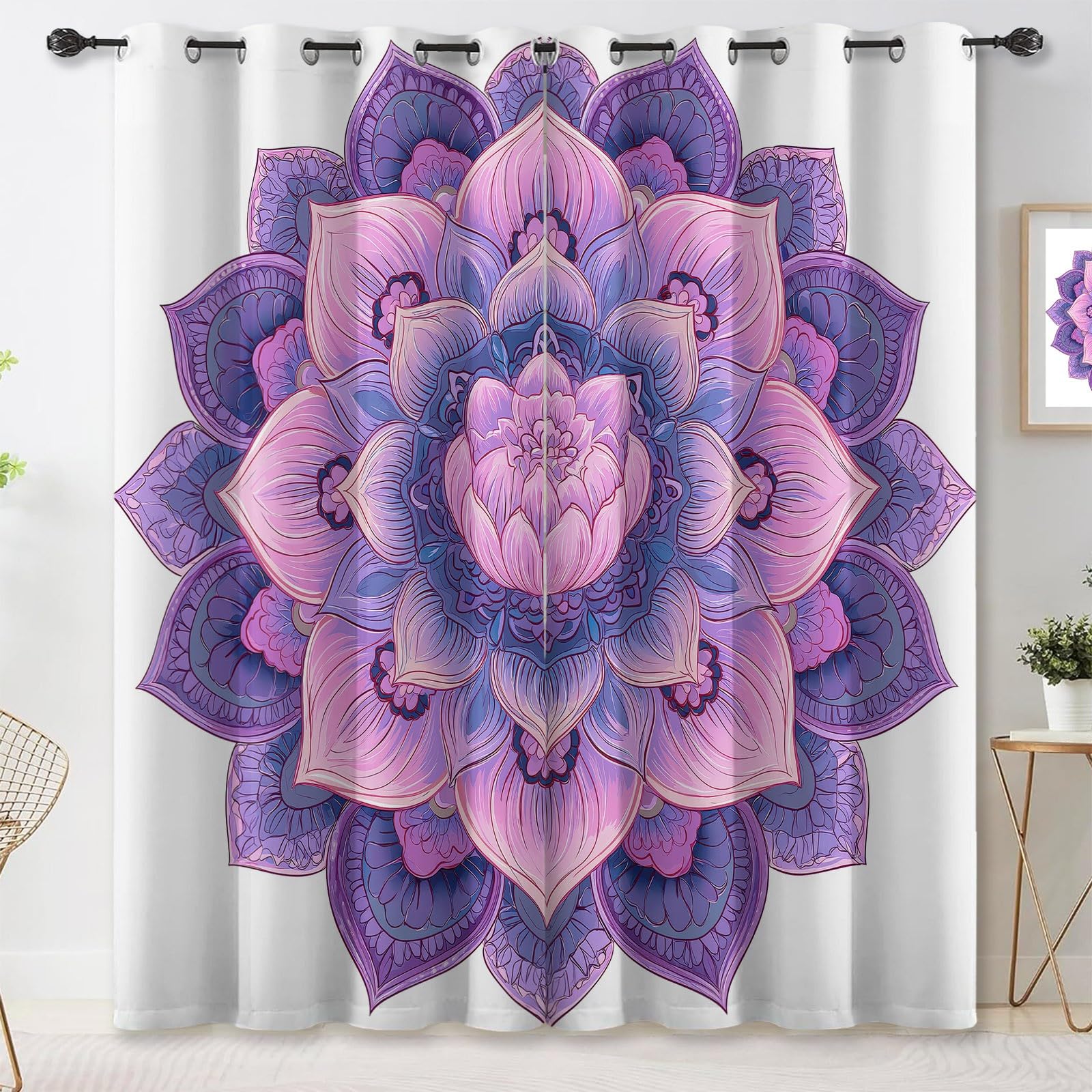 Rideau occultant enfant motif bohême fleurs mandala violet 67.5x240cm