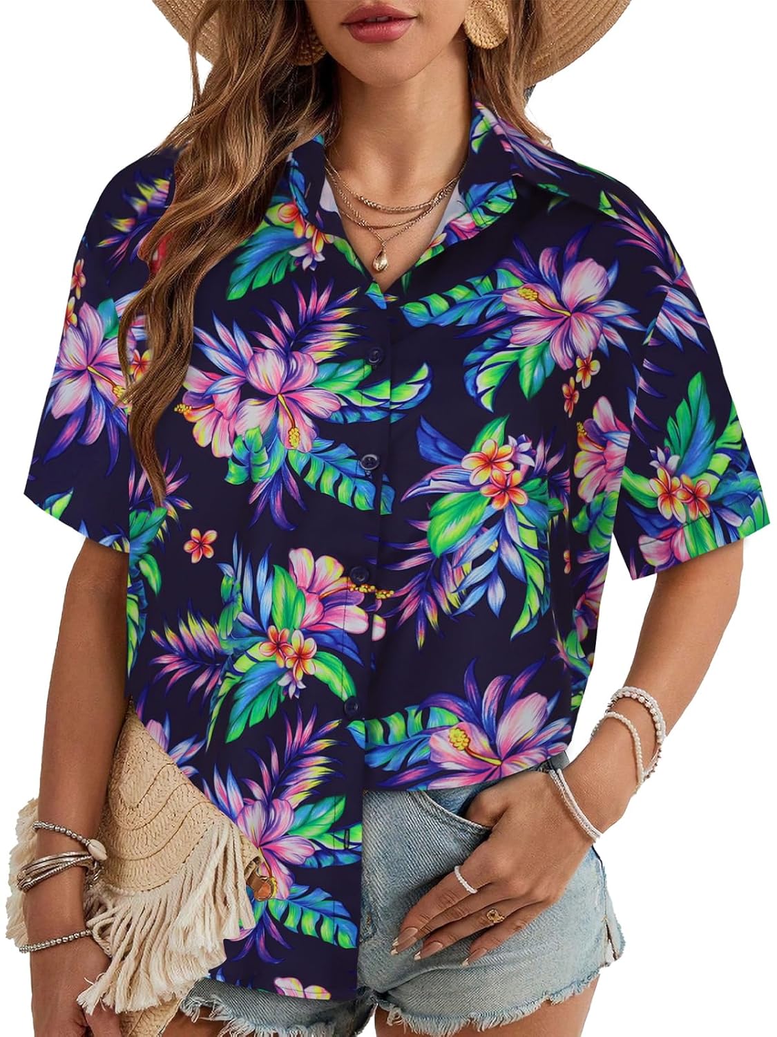 Women Hawaiian Shirt Button Down Summer Tops Beach Cool Short Sleeve V Neck Blouse