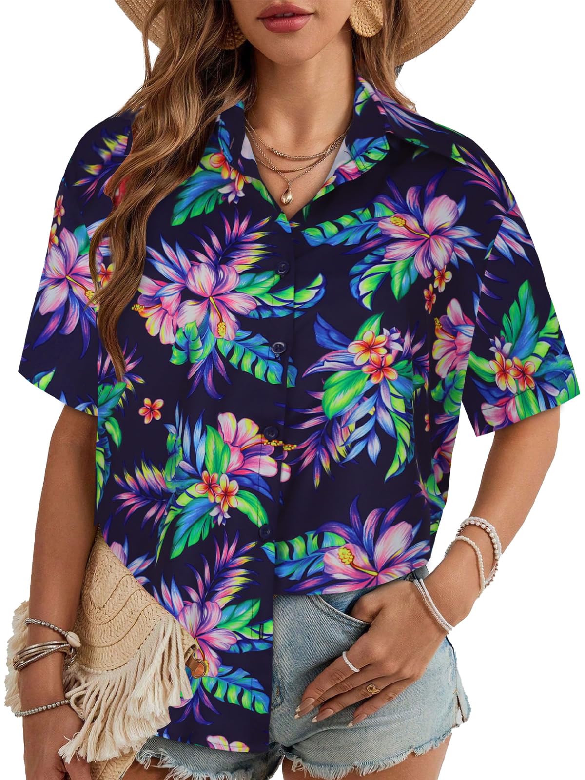 Women Hawaiian Shirt Button Down Summer Tops Beach Cool Short Sleeve V Neck Blouse