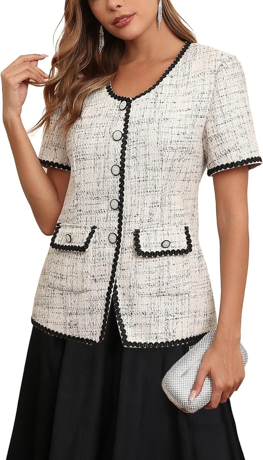 M.Infisavo Tweed Blazer Jackets for Women 2026 Spring Summer Elegant Short Sleeves Button Office Outfit with Braid Trim