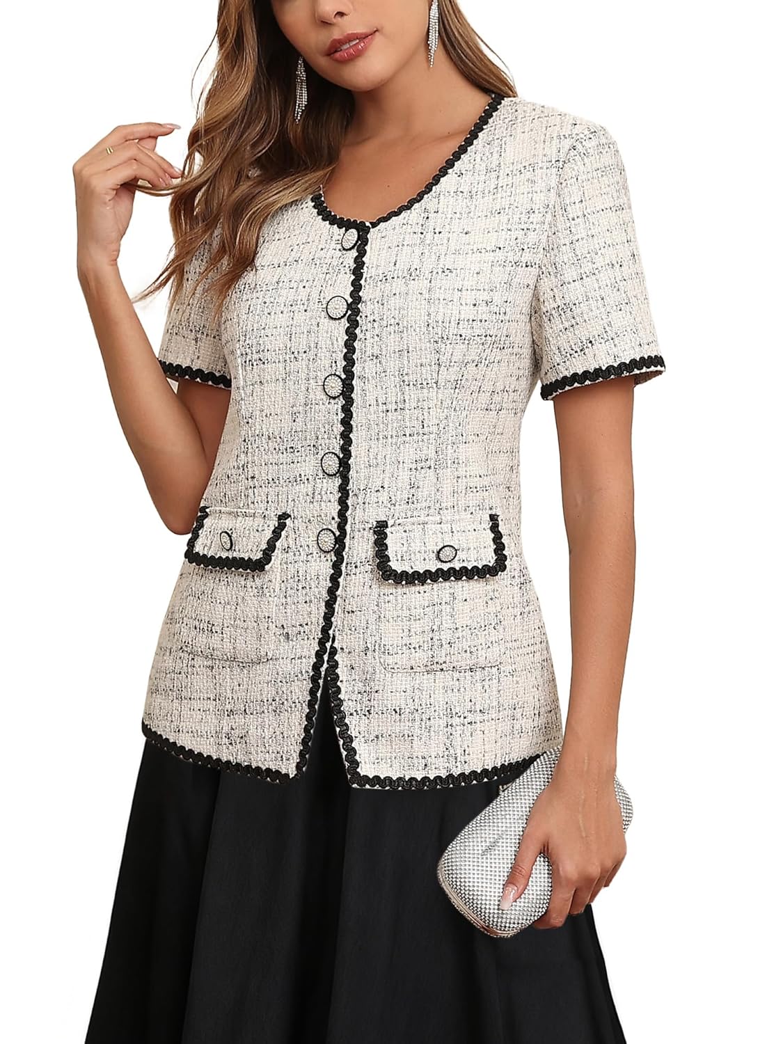 M Infisavo Tweed Blazer Jackets for Women 2025 Spring Summer Elegant Short Sleeves Button Office Outfit with Braid
