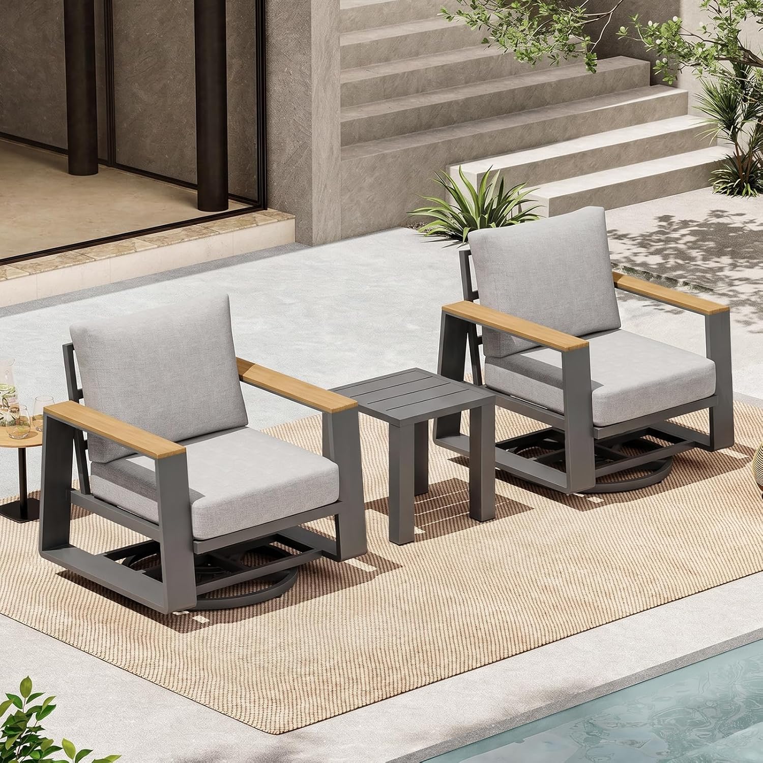 Outdoor Swivel Patio Chairs Set of 3, Aluminum 360-Degree Large 3-Piece Outdoor Patio Furntiure Set with Side Table, Wider Seat & High Back Bistro Table and Chairs Set of 3, Gray