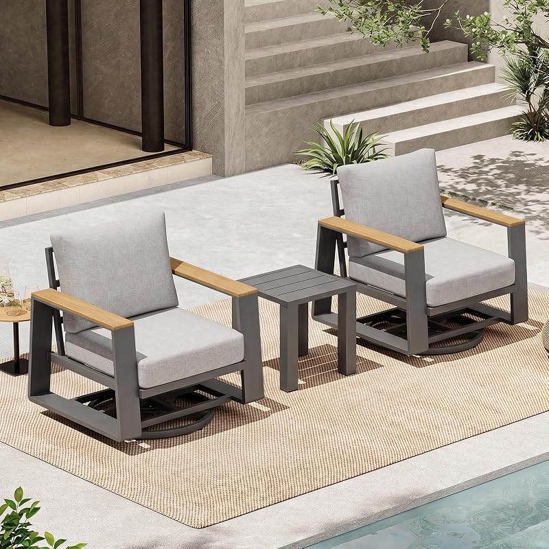 ComfCove Outdoor Swivel Patio Chairs Set of 3, Aluminum Large 3-Piece Outdoor Patio Conversation Furntiure Set with Side Table, Luxury Wider Seat & High Back Bistro Table and Chairs Set of 3, Gray