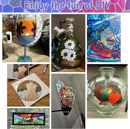 Miniatura 6 de Colorful Juego de pintura para vidrios con 6 pinceles, 1 paleta y 1 esponja, 14 colores, impermeable, kit de pintura de vidrio permanente para artes
