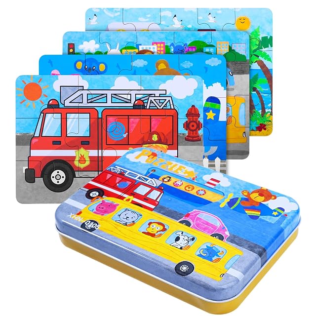 BBLIKE Caja de 4 Rompecabezas de Madera para niños, con Diferentes Grados de dificultad, Herramienta de Aprendizaje Educativo, Mejor Regalo de cumpleaños para niños y niñas (Serie de Transporte)