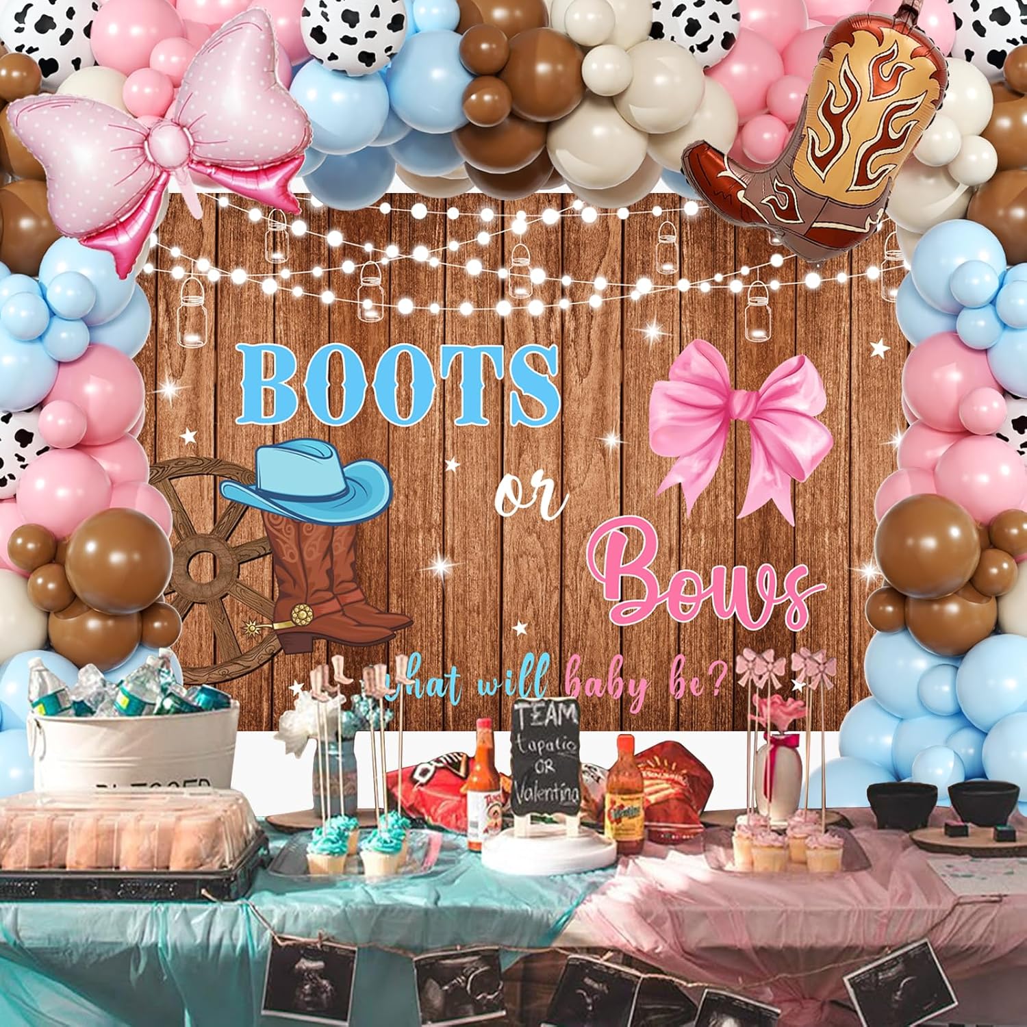 Boots or Bows Gender Reveal Decorations - 141pcs Pink Blue Balloon Garland Kit, 4pcs Baby Box With Letters, What Will Baby Be Backdrop, Western Themed Boy or Girl Gender Reveal Decorations - Image 5