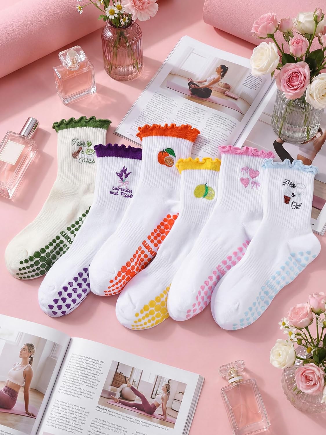 6 Pairs Cute Pilates Socks for Women, Ruffle Frilly Yoga Grippy Socks with Embroidery Pattern for Workout Ballet - Image 3