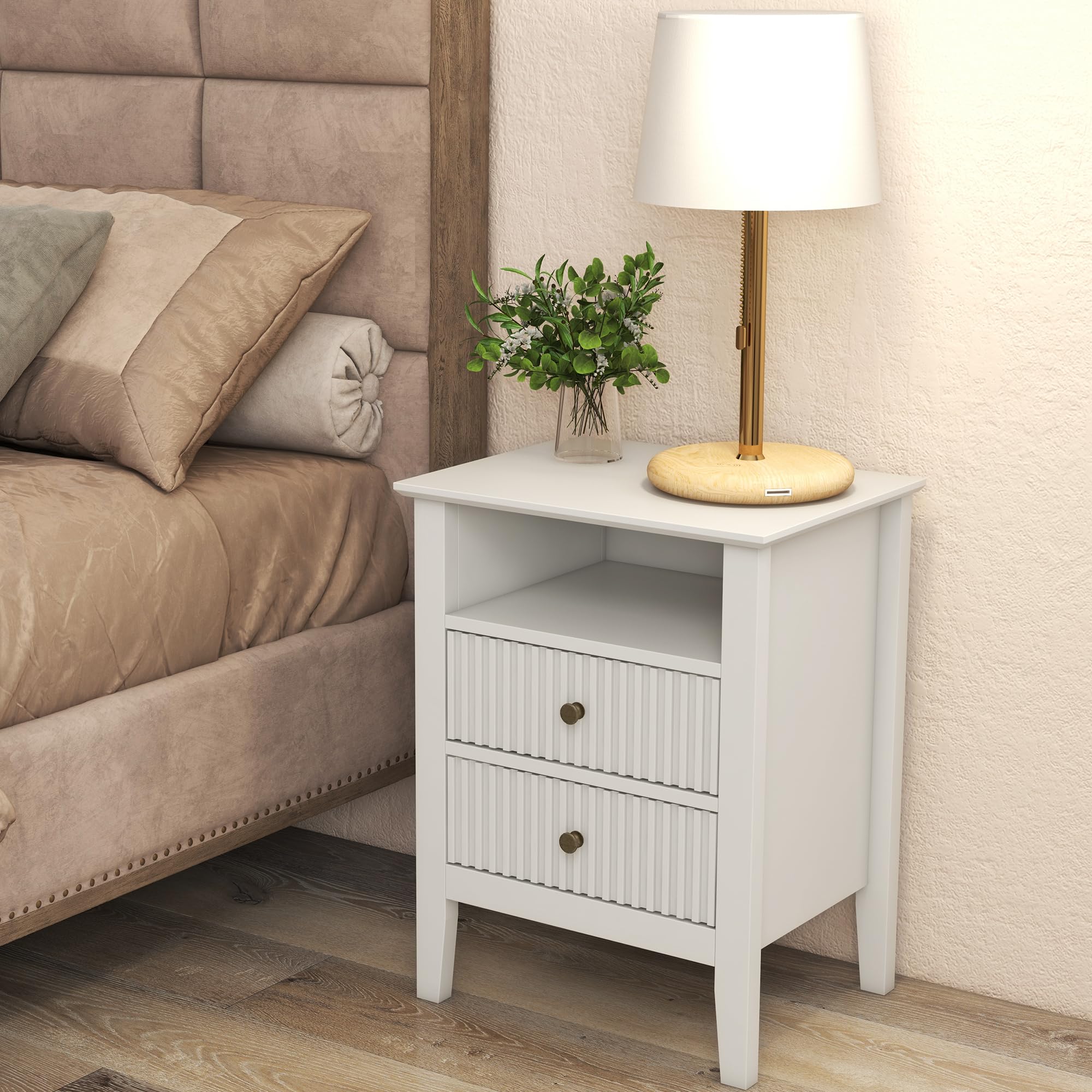 Kiss the Water Fluted 2 Drawer Dresser, Nightstand with Charging Station, Modern Chest of Drawers, Modern Wood Dresser with Spacious Storage, Tall End Table for Bedroom Hallway Living Room Entryway