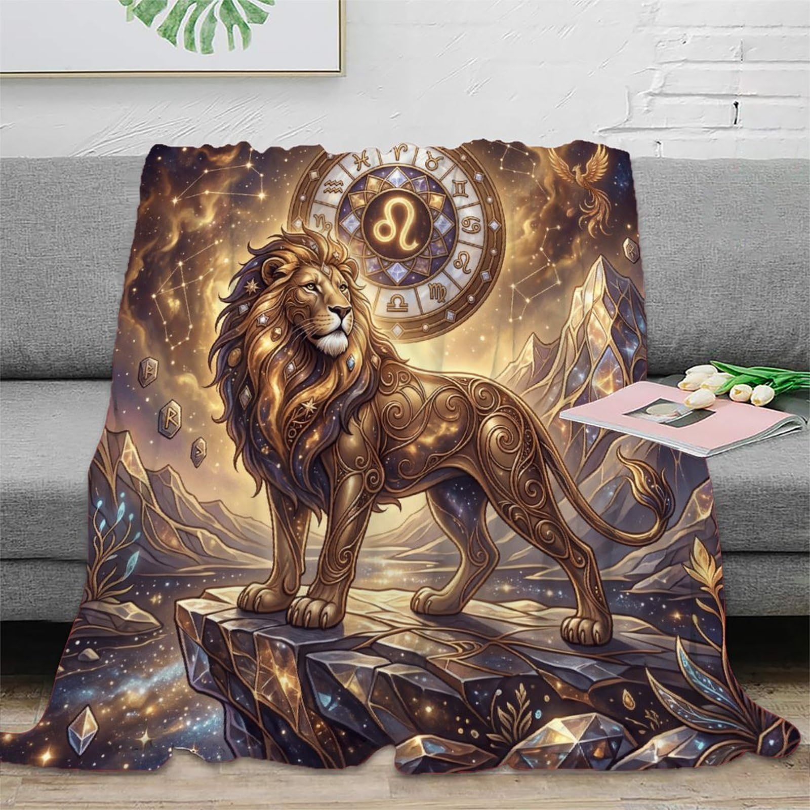 Leo Zodiac Fantasy Lion for Flannel Throw Blanket, Office Nap Use