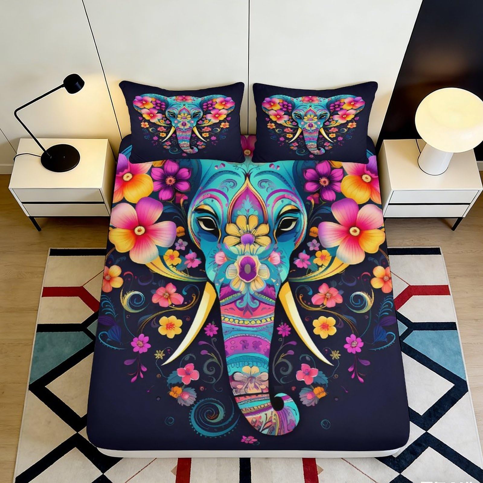 Jqzkxnhpbr Style-2 3D Printed Colorful Elephant Fitted Sheet Microfiber Decorative Floral Bed Cover For Bedroom Guest Room Dorm Mattress Protection 90X200x25cm