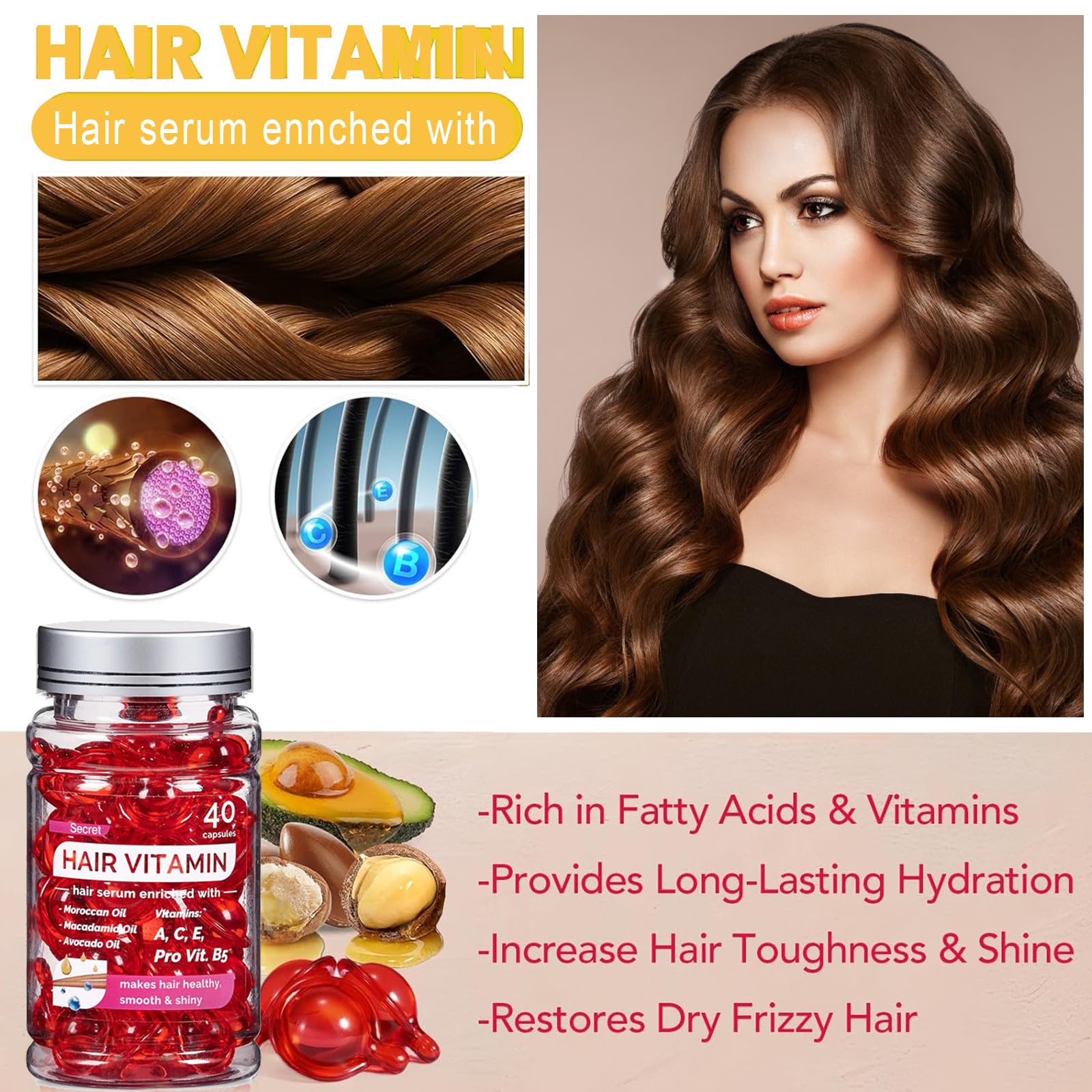 40 Pcs Hair Vitamin Serum Capsules Enriched With Moroccan, Macadamia, and Avocado Oil - Makes Hair Smooth and Shiny - Image 4