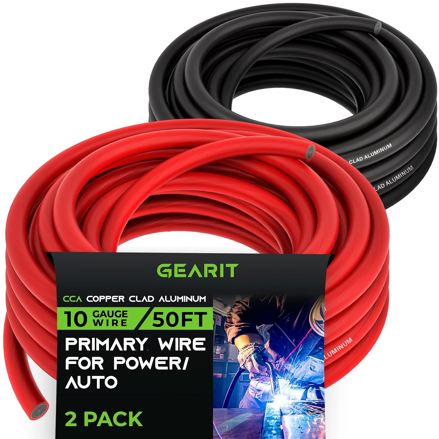 GearIT 10 Gauge Wire (50ft Each Black/Red) Copper Clad Aluminum CCA