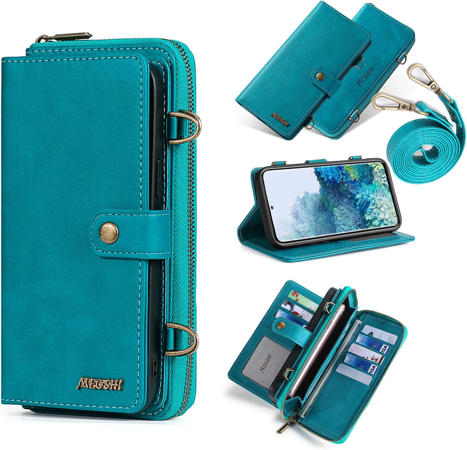 XRPow Wallet Case for Galaxy S21+ / S21 Plus 6.7" [2 in 1] Magnetic Detachable Wallet Purse [Crossbody Chain] Durable [PU Leather] Zipper Handbag Folio Flip Card Solt Protection Back Cover - Blue