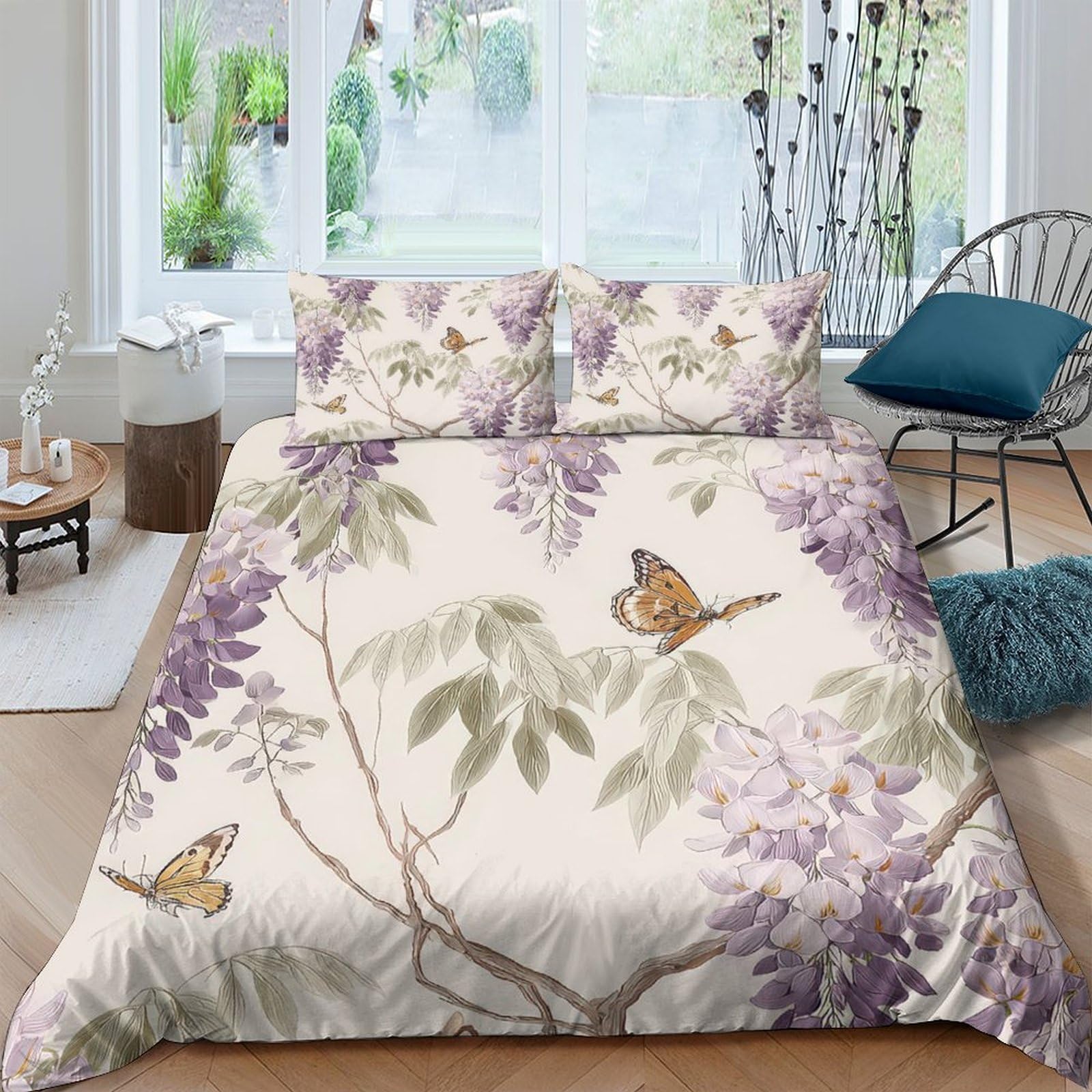 XFKLYNVCJ 3D Printed Wisteria blooms Quilt Cover Brushed Microfiber Botanical garden style Comforter Cover Hypoallergenic Easy Care Friends Family Home Bedroom Use King（220x240cm）