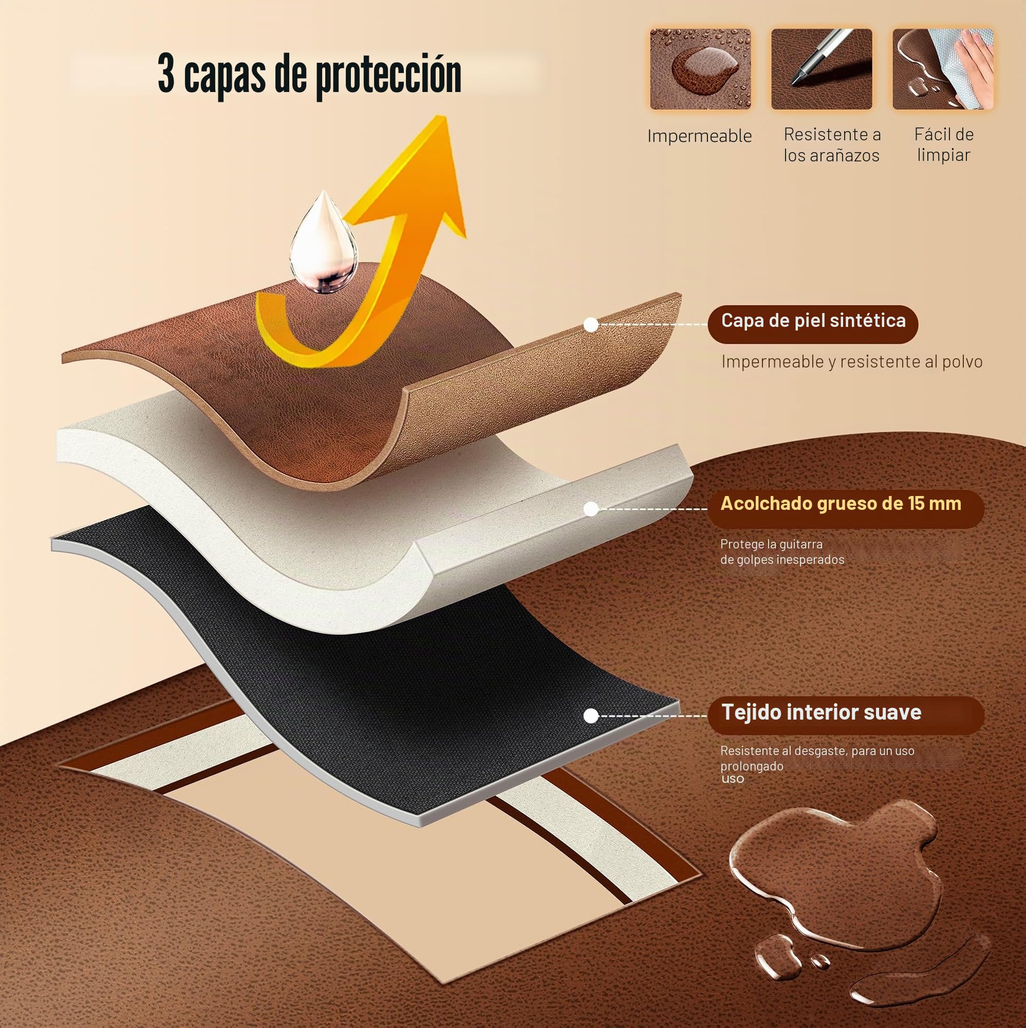 CAHAYA Bolsa para Guitarra Acústica - Adecuada para 40 41 42 Pulgadas Material de PU Impermeable y Transpirable Correa de Bolsa Marrón Acolchada de 15 Mm de Grosor Cremallera Doble