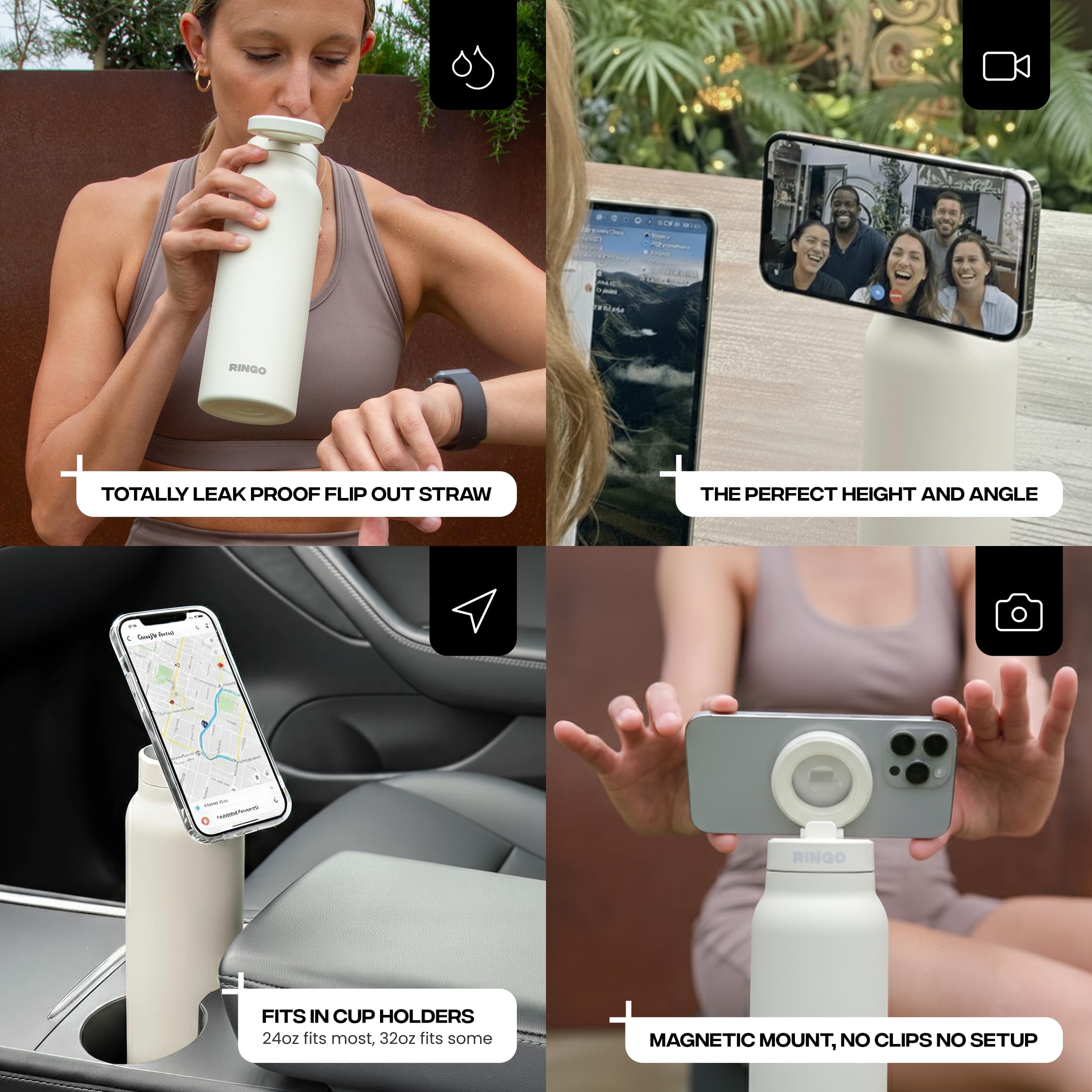 Ringo Pro Trinkflasche aus Edelstahl mit drehbarem Magnethalter für Smartphone, 710 ml, Elfenbein