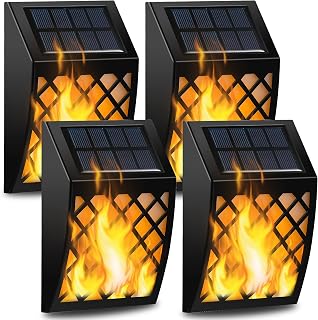 Dynaming Solar Flame Lights Outdoor, 4 Pack Solar Powered Wall Lights, Flickering Flame Auto On/Off Wall Mounted Fence Deck Lights Lattice Decorative for Garage Garden Pathway Patio Porch Yard
