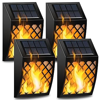 Dynaming Solar Flame Lights Outdoor, 4 Pack Solar Powered Wall Lights, Flickering Flame Auto On/Off Wall Mounted Fence Deck Lights Lattice Decorative for Garage Garden Pathway Patio Porch Yard