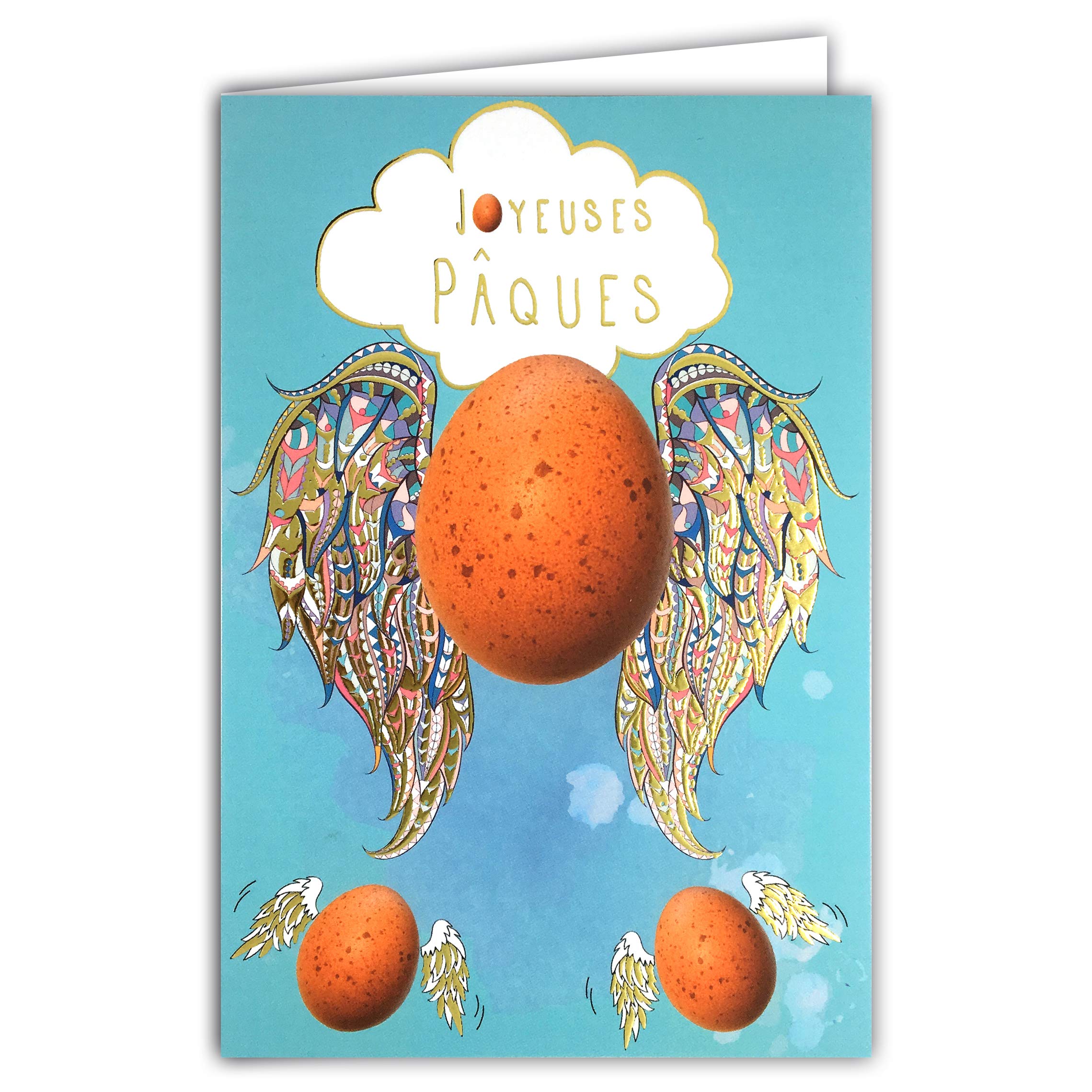 Afie 62-1017 Happy Easter Flying Eggs Card with Envelope Closed Size 115 x 170 mm Made in France Golden Snitch Shell Chick Cloud Sky Blue