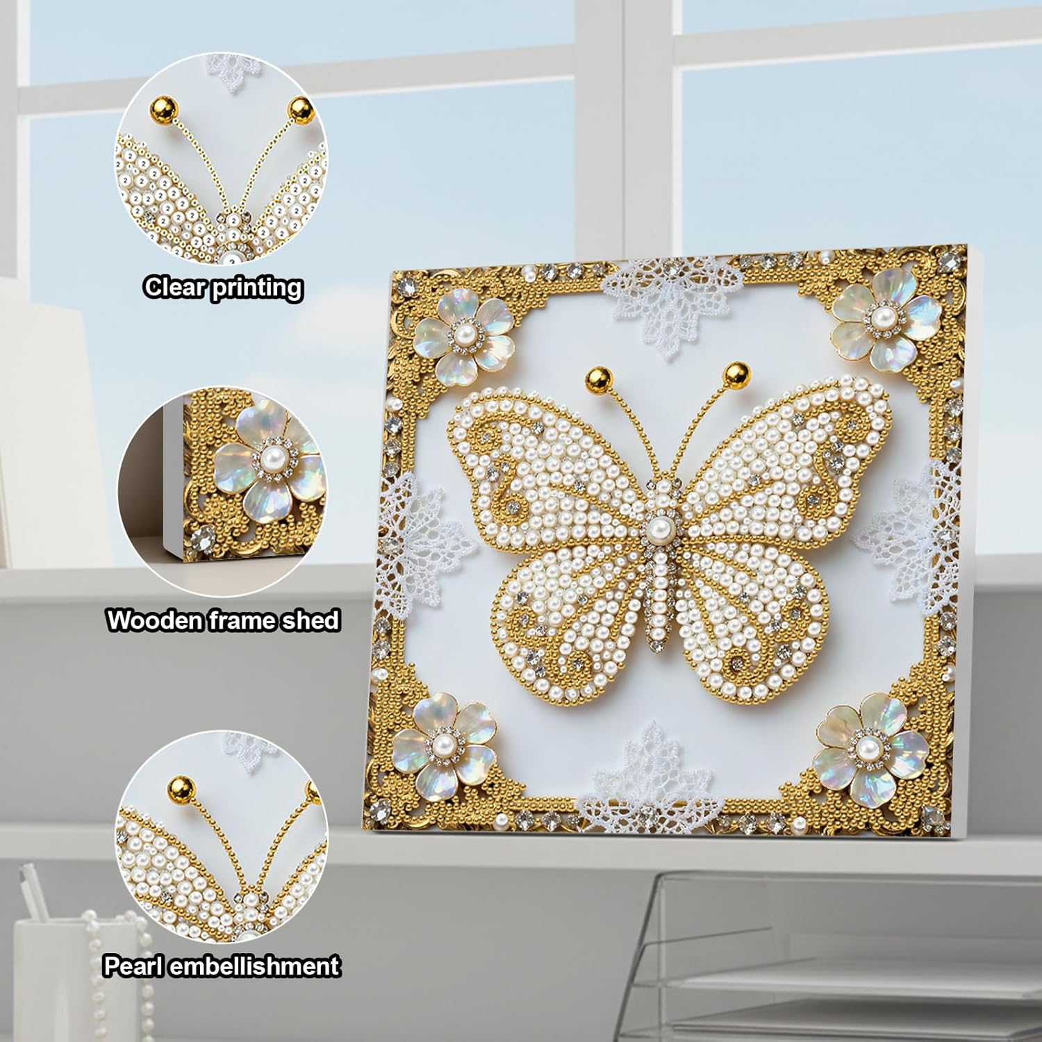 DIY Pearl Painting Kit with Wooden Frame, 3D Plastic Pearl Gemstone Ocean Art Craft for Adults Beginners, Diamond Dot Painting, Home Wall Decor Ready Gift for Women(Butterfly)(25 * 25cm)