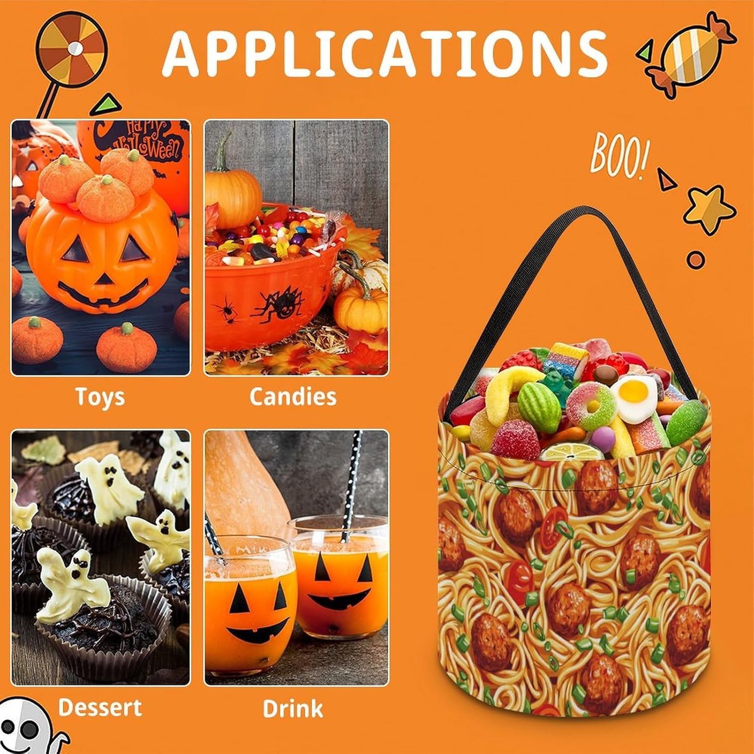 Italian Spaghetti Food Print Pasta Halloween Treat Bag Reusable Candy Basket Tote Goody Bags Gift Party