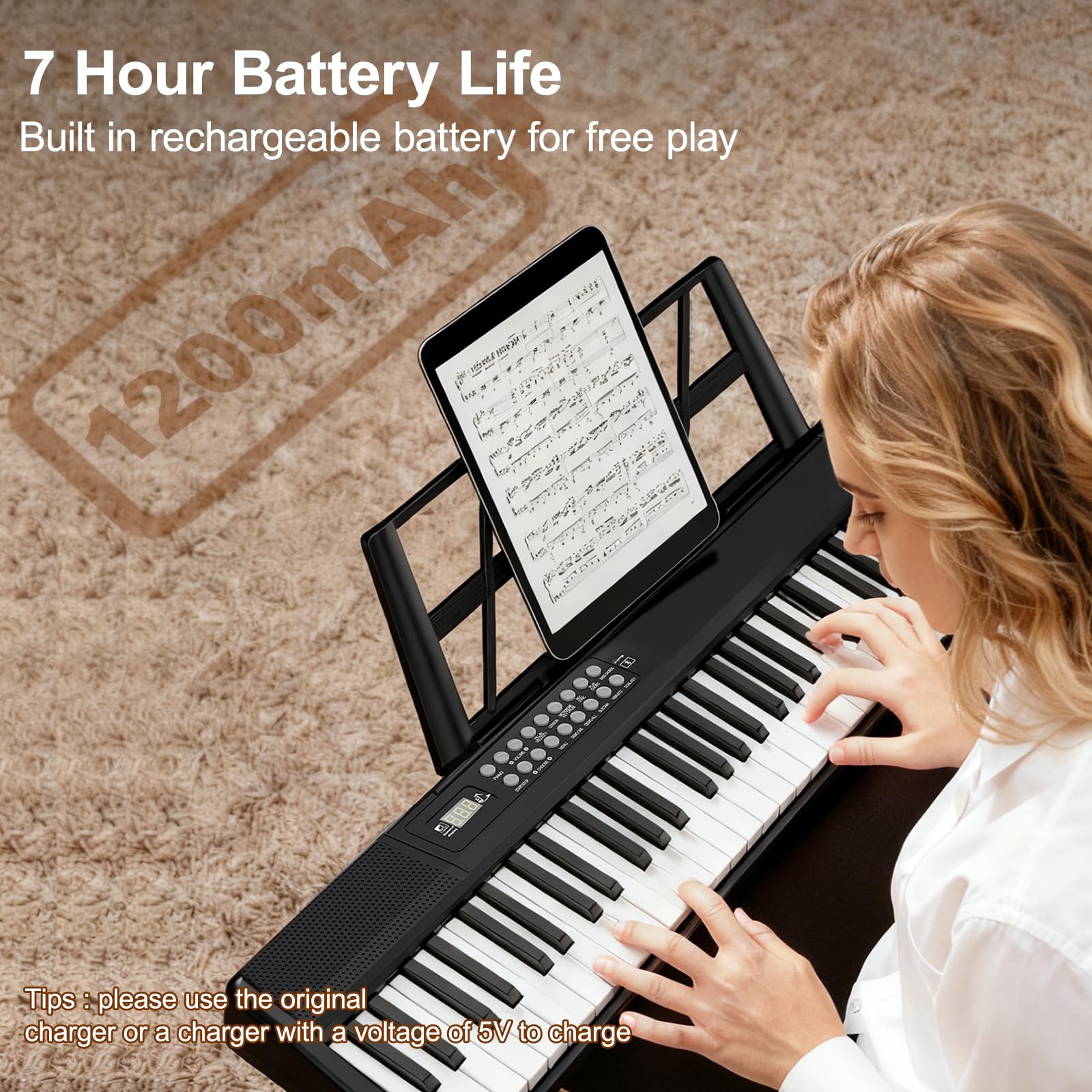 Elektronische Keyboard Piano, Bluetooth Faltbare 61 Tasten Digitale Klavier mit Netzadapter, Pedal, Notenständer, Aufkleber, Tragetasche, Geschenk für Anfänger
