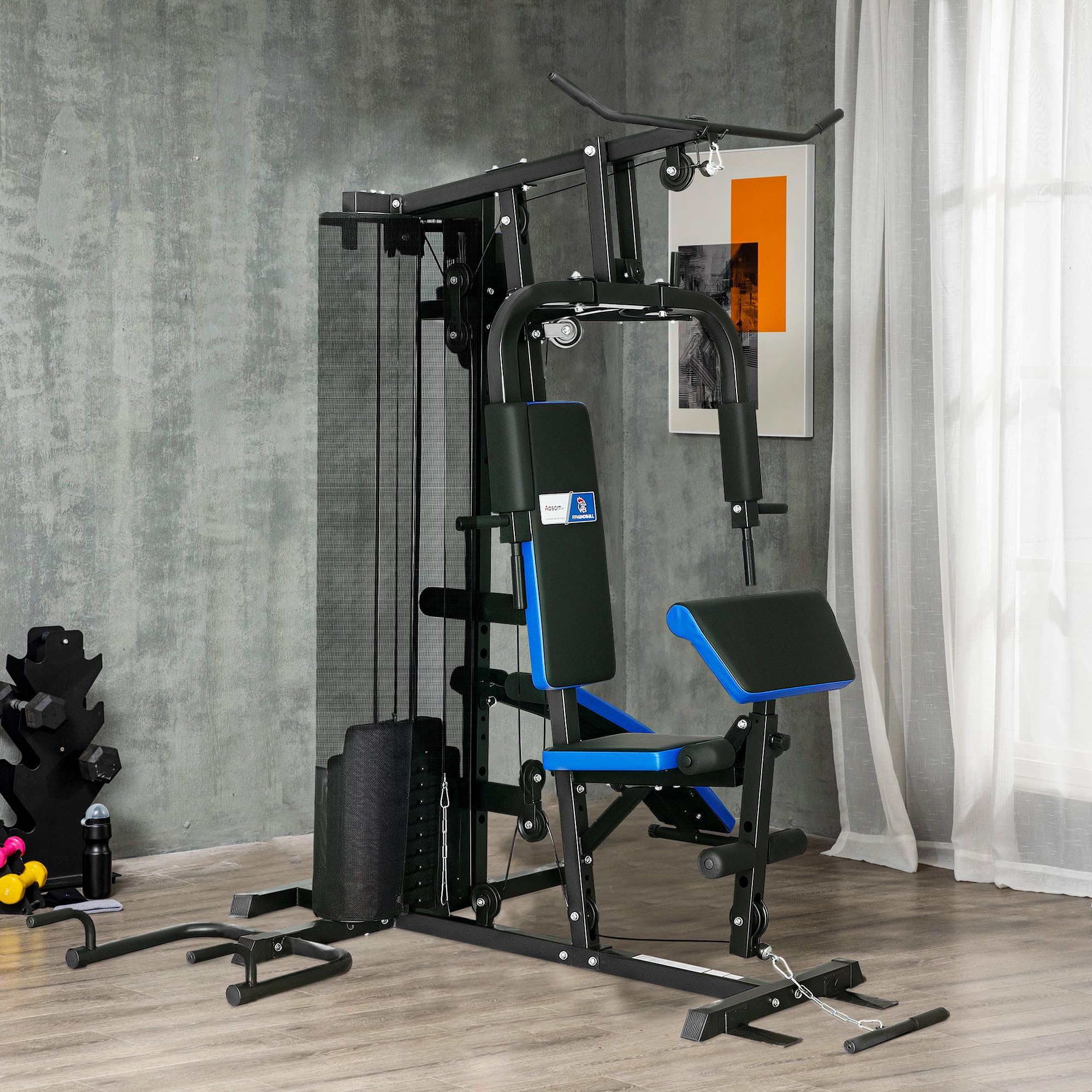 SPORTNOW Station de Musculation Multifonction Ajustable - Collaboration Aosom.FR x FFHandball - Banc Fitness 10 contrepoids 65 kg avec Filet de Protection Appareil de Musculation à Domicile