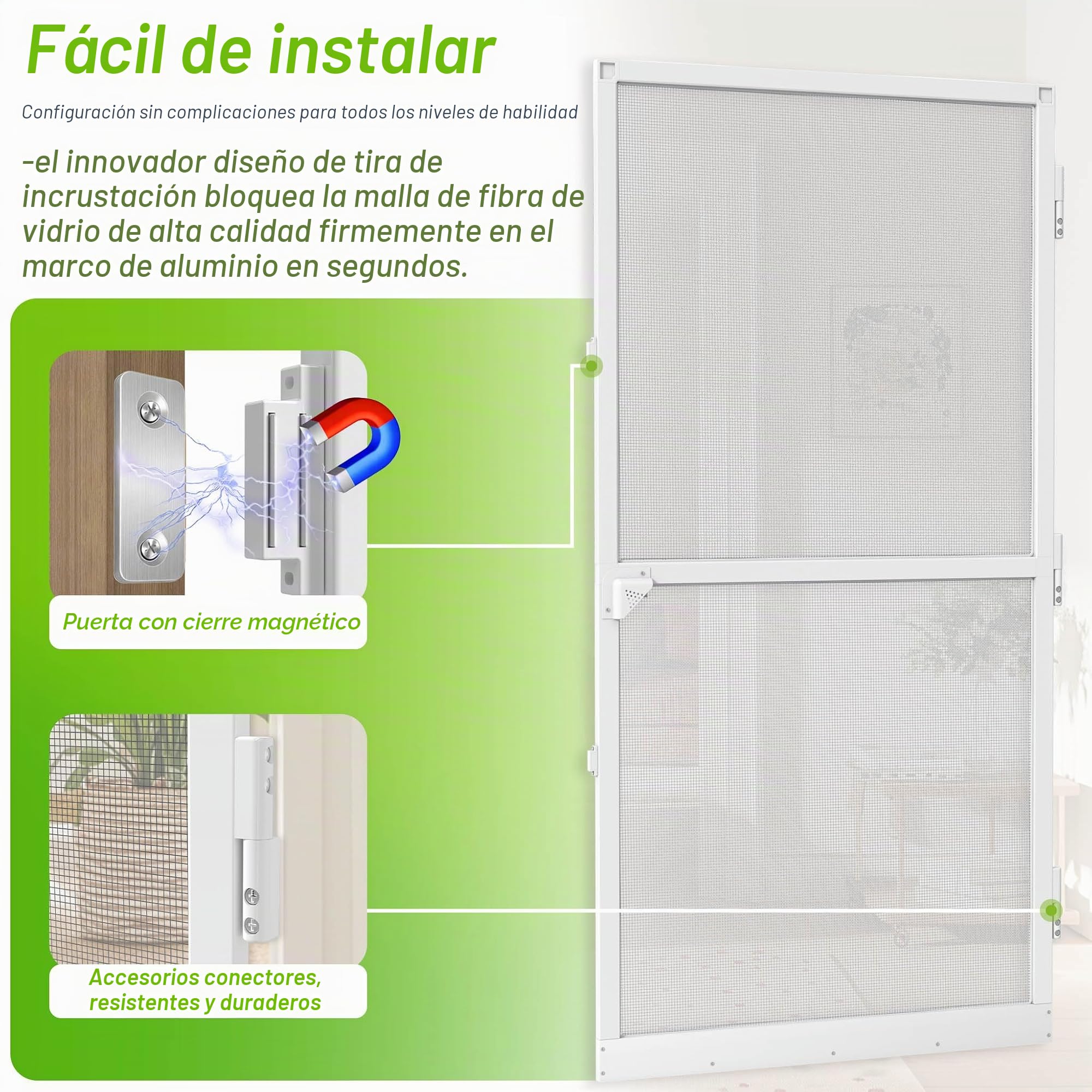 Mosquitera para puerta, 120 x 240 cm, mosquitera, marco de aluminio blanco, cierrapuertas y protección contra golpes, protección contra el polen, para balcón, salón o terrazas