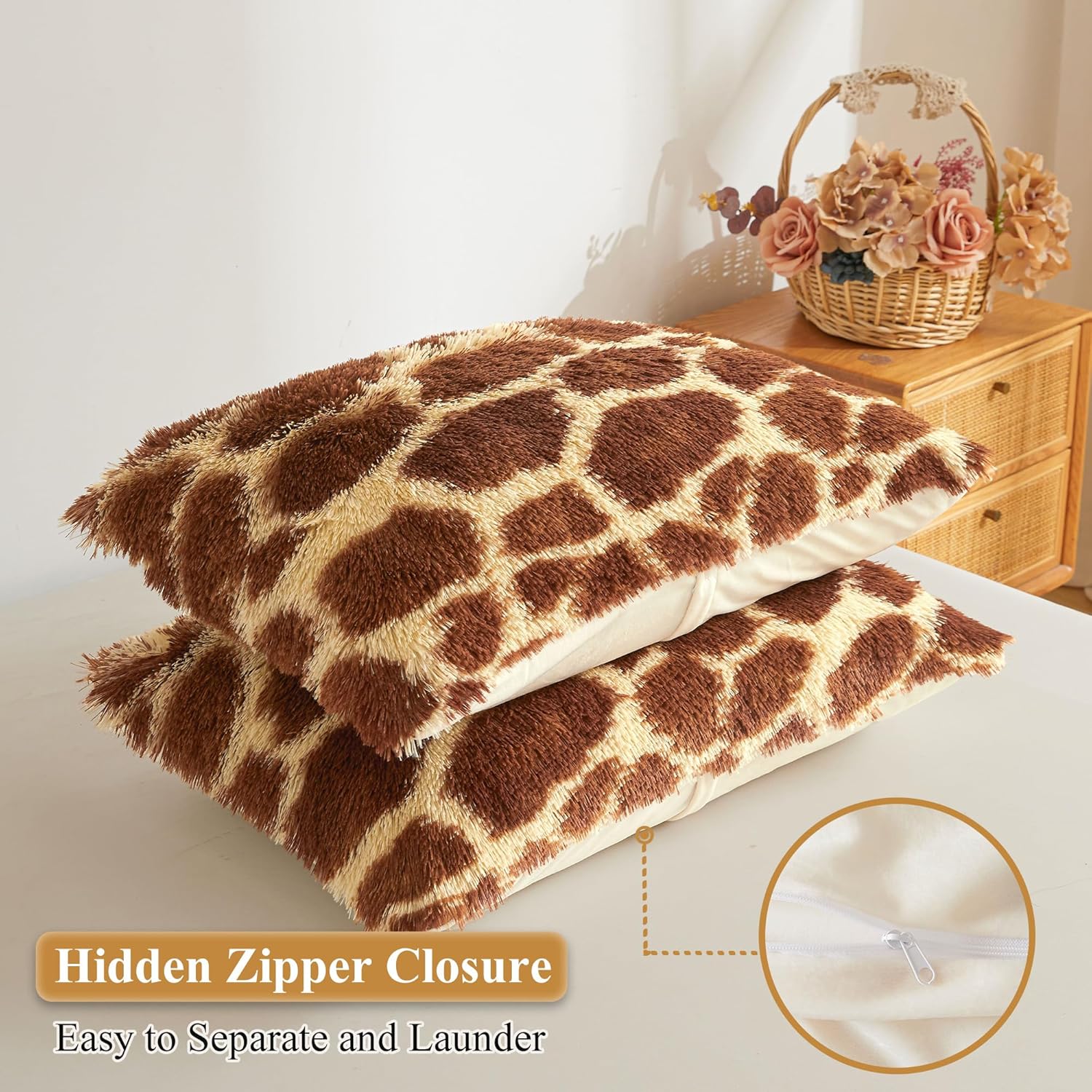XeGe Fluffy Faux Fur Giraffe Print Pillow Cases, 2 Pack Home Decorative Soft Plush Fuzzy Long Bed Pillow Covers, 20x36 Cute Shaggy Furry Pillow Shams with Zipper for Bedroom Living Room, Brown, King - Image 3