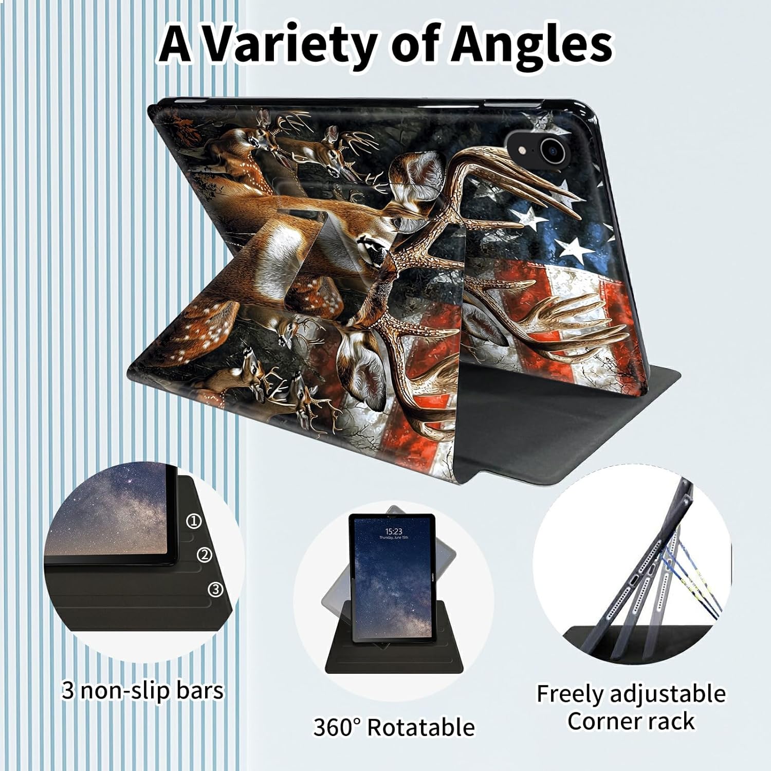 Case for iPad (A16) 11th Generation 11 Inch (2025),iPad 10th Generation 10.9 Inch (2022),360 Degree Rotating Multi-Angle Viewing Case with Auto Sleep/Wake-Deer American Flag Maple Leaf
