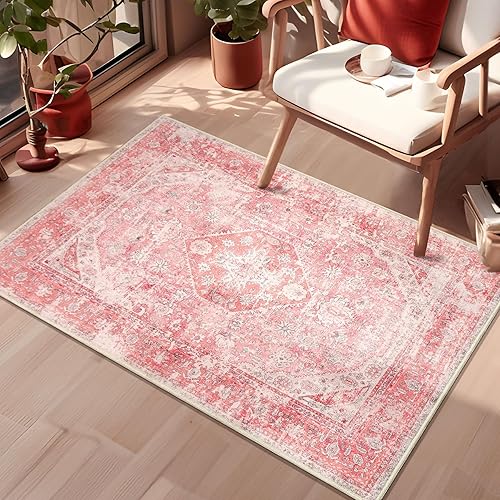 MUJOO Alfombras rosadas para dormitorio, alfombra pequeña de estilo bohemio, lavable, para entrada, antideslizante, para baño, guardería, puerta,