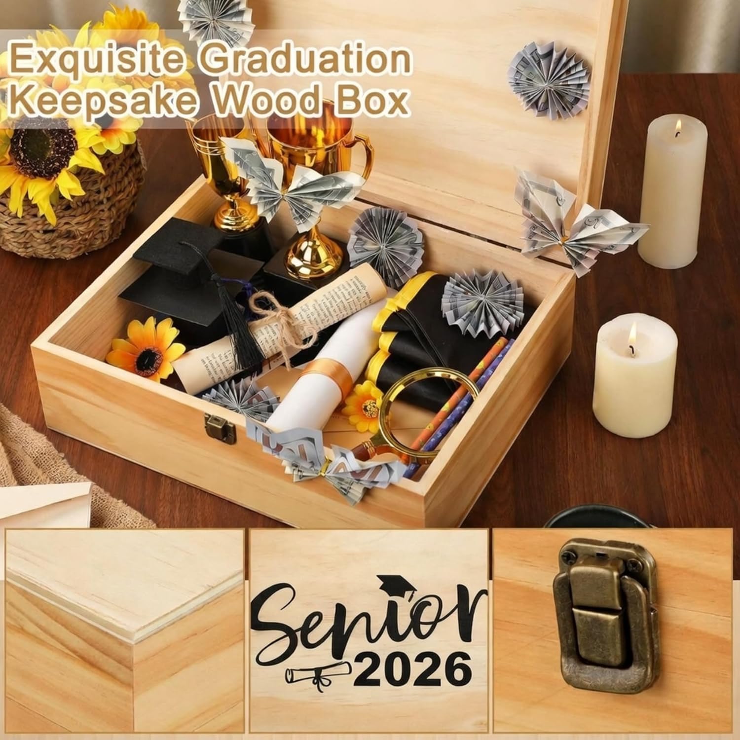 Leinuosen Large Graduation Keepsake Box 13'' Senior 2026 Graduation Cap Gown Box Class of 2026 Graduate Wooden Engraving Case for College High School(Wooden,Senior 2026 Diploma)
