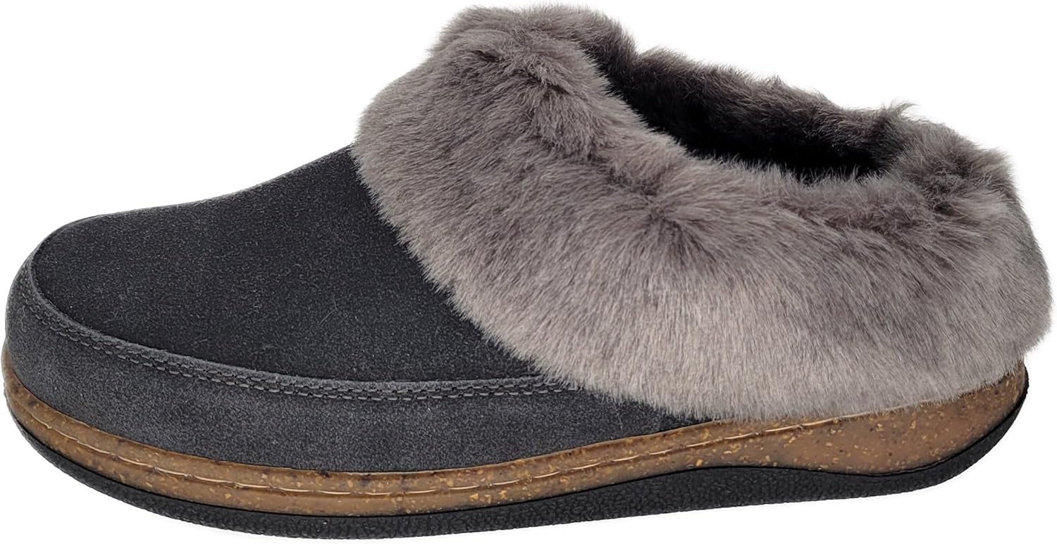 Clarks Womens Slipper Suede Leather Scuff Toe - Plush Faux Fur Collar/Lined With A Cork Midsole - Open Back Indoor Outdoor House Slippers For Women (Grey US 6) - Image 2