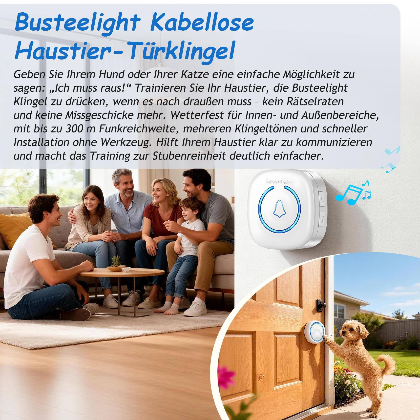 A6 Wht Katzenklingel & Hundeklingel – Kabellose Haustier-Türklingel für Außenbereich, 300 m Reichweite, 60 Melodien, LED-Signal, Wasserdicht, Buzzer Hund & Katzen (1 Klingeltaster + 1 Empfänger)